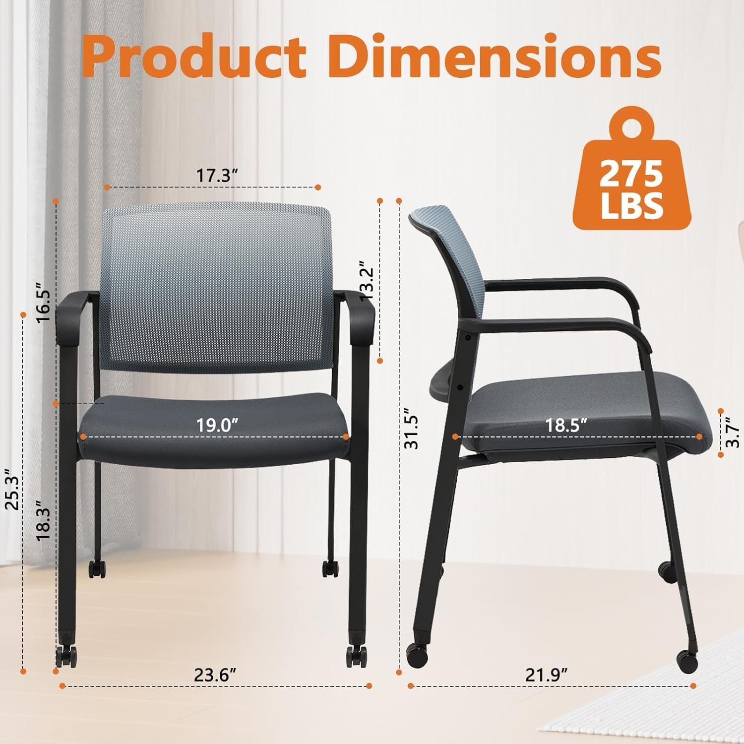 image:imageCLATINA Mesh Back Stacking Arm Chairs with Upholstered Fabric Seat and Ergonomic Lumber Support for Office School Church Guest Reception Black 4 Pack Set New VersionWithwheels Gray