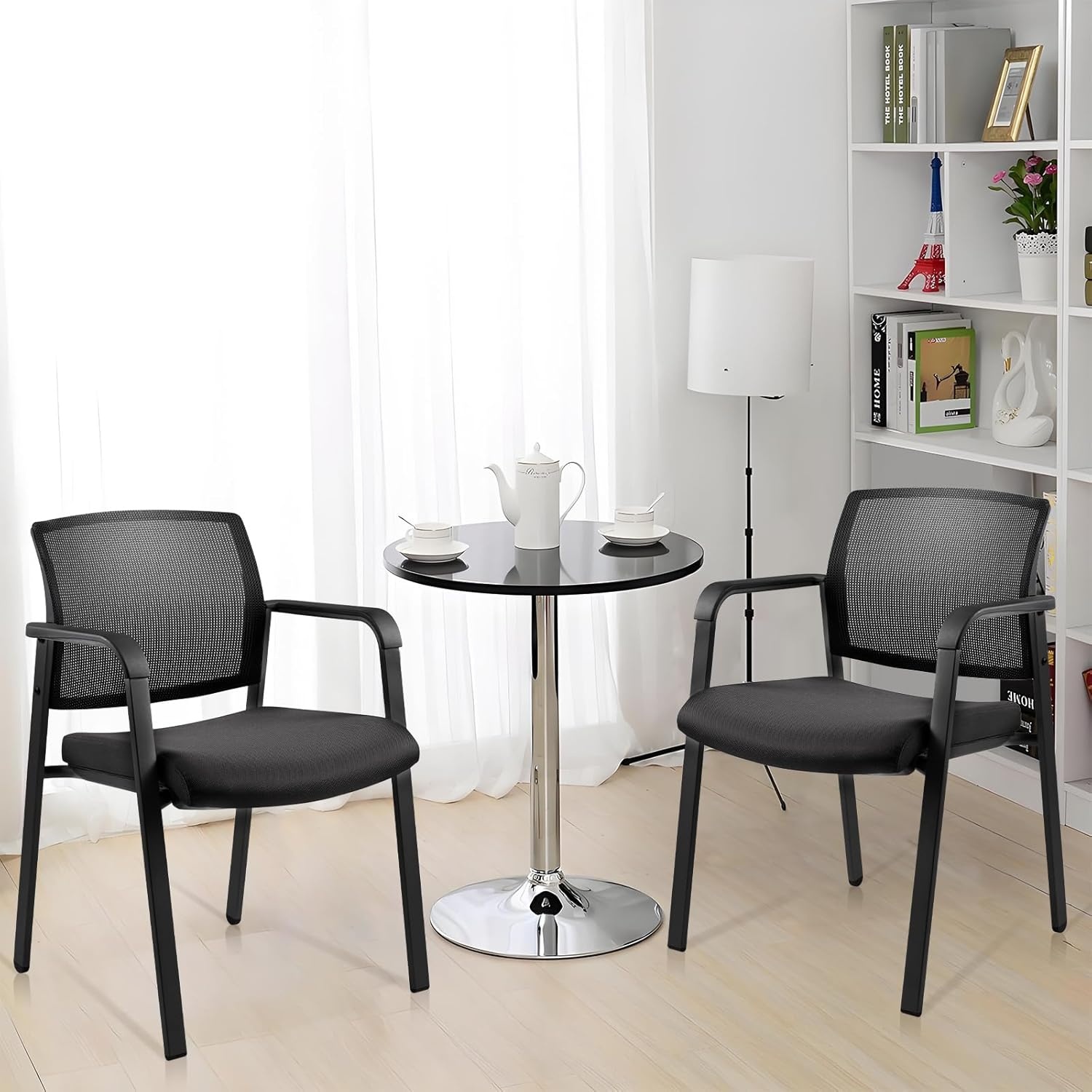 image:imageCLATINA Mesh Back Stacking Arm Chairs with Upholstered Fabric Seat and Ergonomic Lumber Support for Office School Church Guest Reception Black 4 Pack Set New VersionBlack