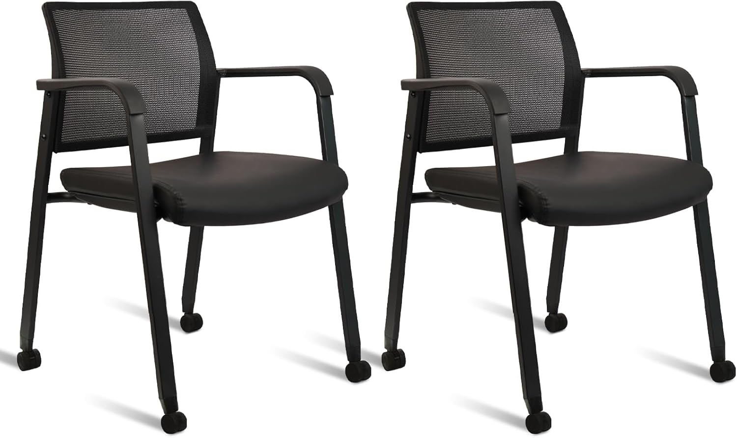 image:imageCLATINA Mesh Back Stacking Arm Chairs with Upholstered Fabric Seat and Ergonomic Lumber Support for Office School Church Guest Reception Black 4 Pack Set New VersionWithwheels Black Leather