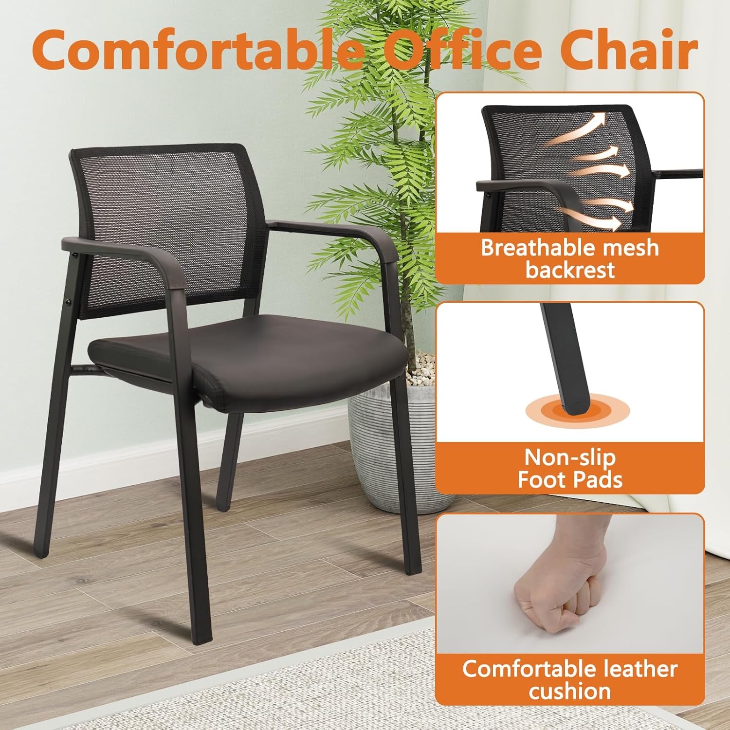 image:imageCLATINA Mesh Back Stacking Arm Chairs with Upholstered Fabric Seat and Ergonomic Lumber Support for Office School Church Guest Reception Black 4 Pack Set New VersionBlack Leather
