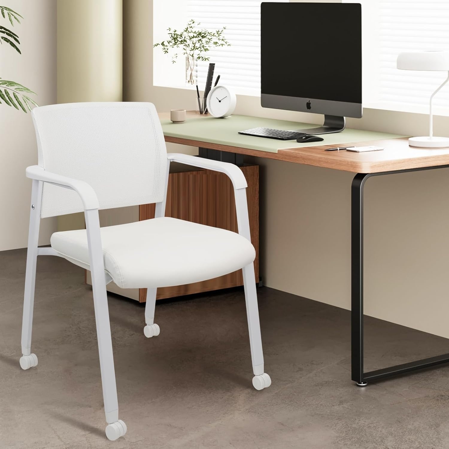 image:imageCLATINA Mesh Back Stacking Arm Chairs with Upholstered Fabric Seat and Ergonomic Lumber Support for Office School Church Guest Reception Black 4 Pack Set New VersionWithwheels White Leather