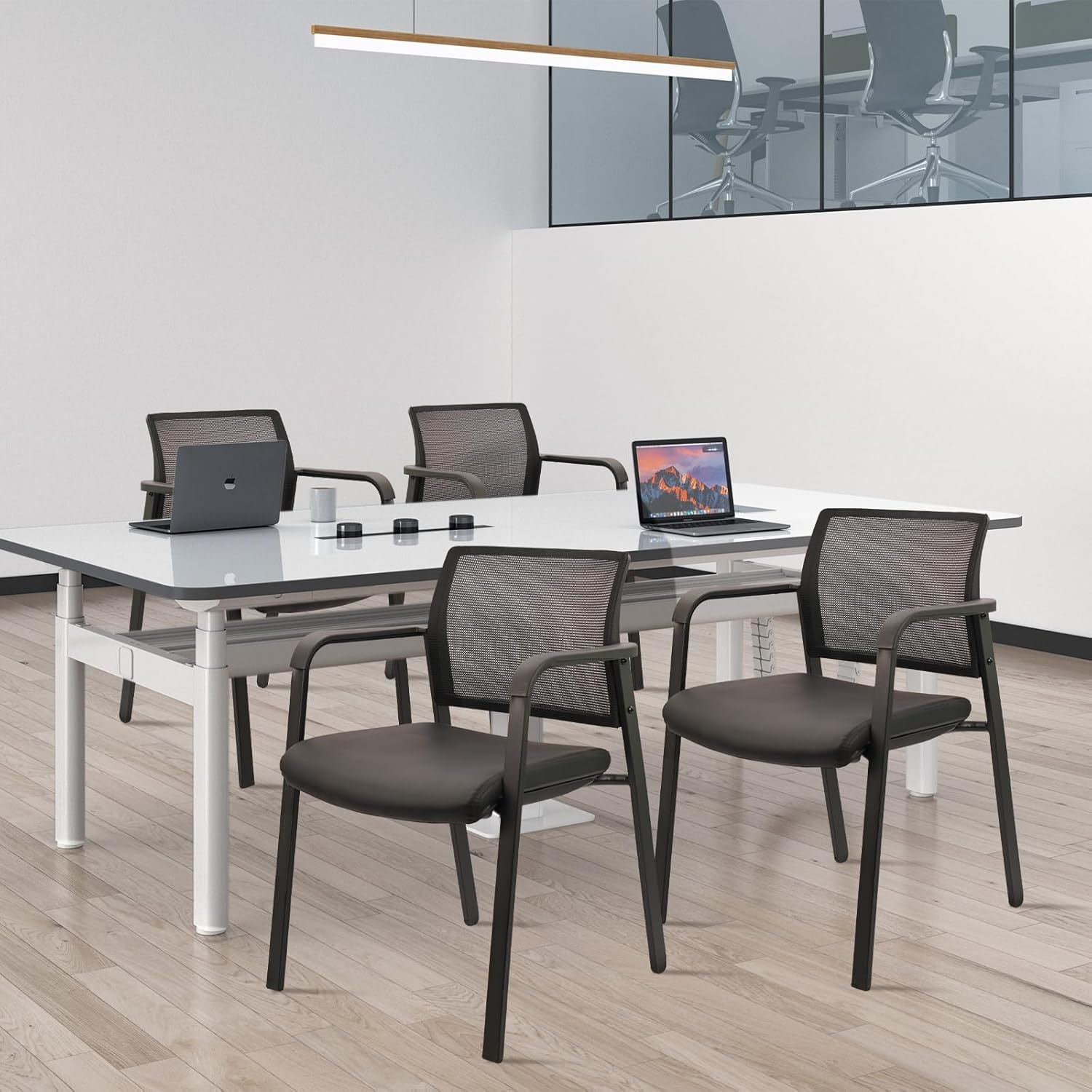 image:imageCLATINA Mesh Back Stacking Arm Chairs with Upholstered Fabric Seat and Ergonomic Lumber Support for Office School Church Guest Reception Black 4 Pack Set New VersionBlack Leather