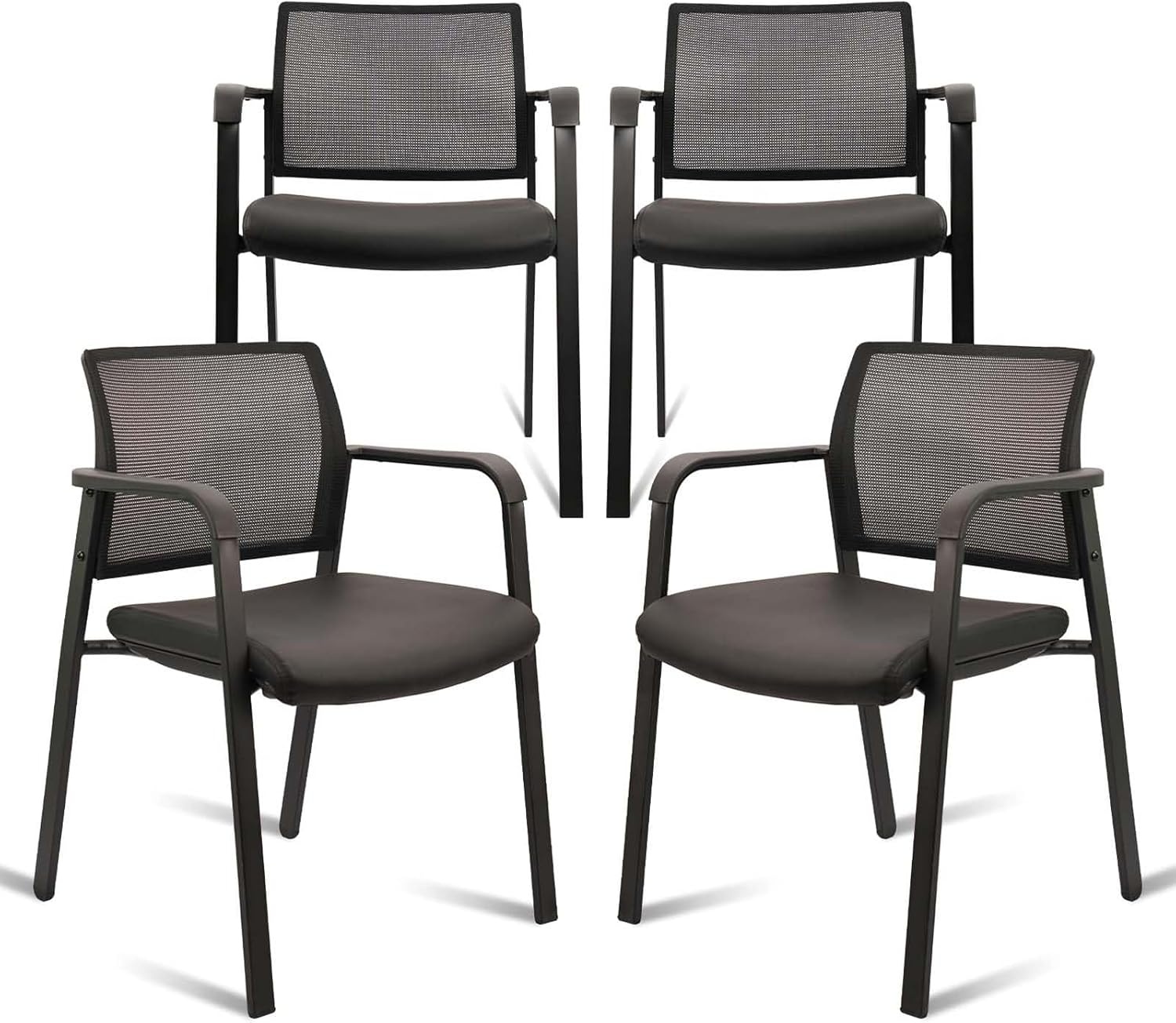 image:imageCLATINA Mesh Back Stacking Arm Chairs with Upholstered Fabric Seat and Ergonomic Lumber Support for Office School Church Guest Reception Black 4 Pack Set New VersionBlack Leather
