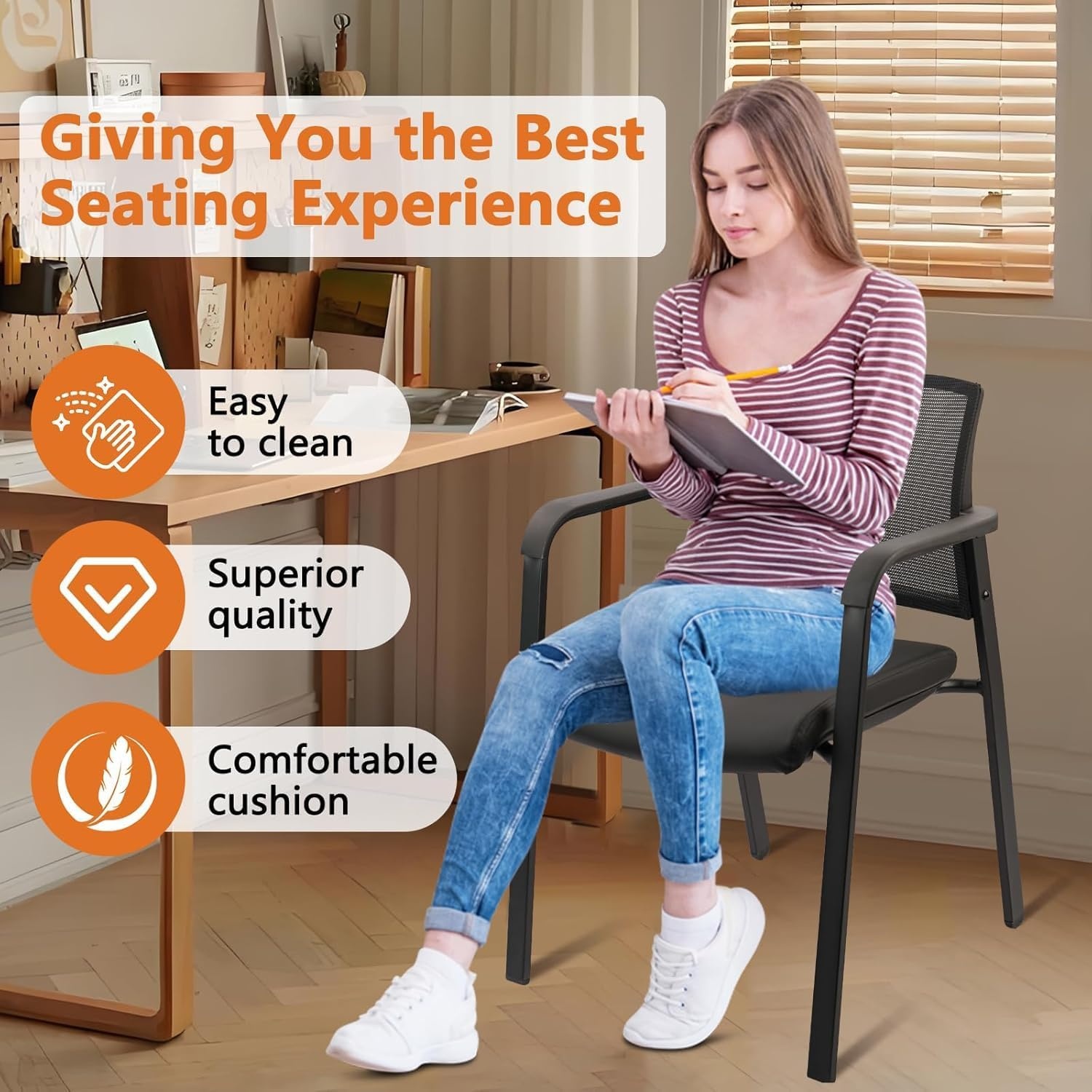 image:imageCLATINA Mesh Back Stacking Arm Chairs with Upholstered Fabric Seat and Ergonomic Lumber Support for Office School Church Guest Reception Black 4 Pack Set New VersionBlack Leather