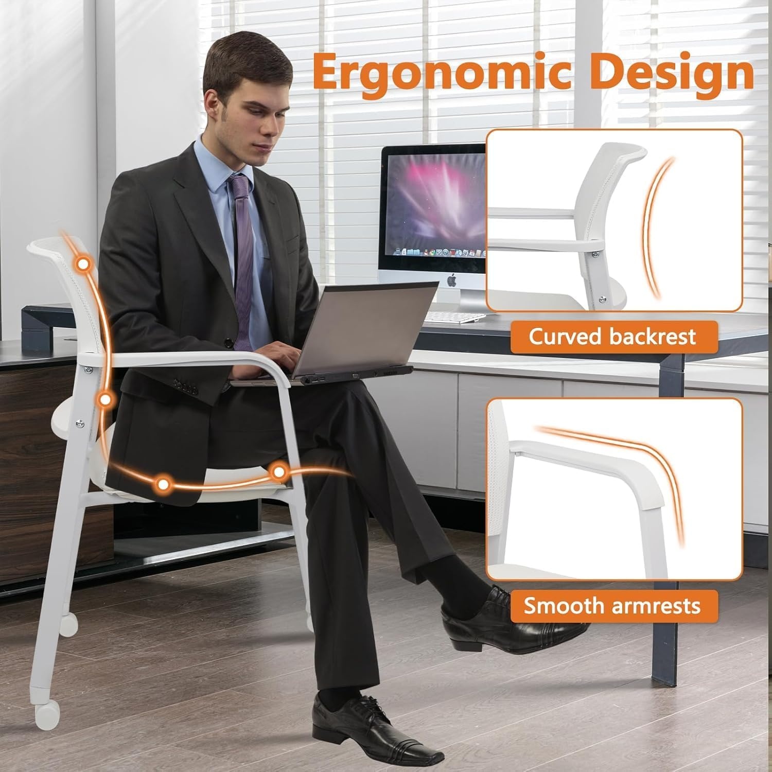 image:imageCLATINA Mesh Back Stacking Arm Chairs with Upholstered Fabric Seat and Ergonomic Lumber Support for Office School Church Guest Reception Black 4 Pack Set New VersionWithwheels White Leather