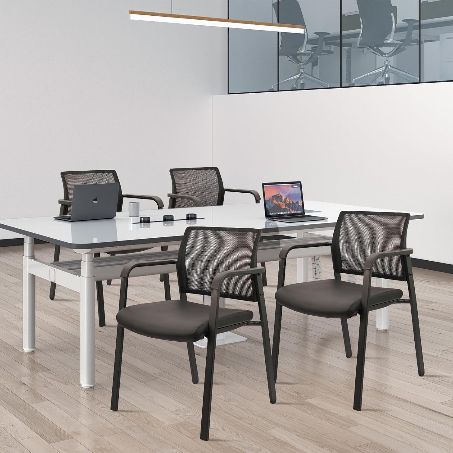 image:imageCLATINA Mesh Back Stacking Arm Chairs with Upholstered Fabric Seat and Ergonomic Lumber Support for Office School Church Guest Reception Black 4 Pack Set New VersionBlack Leather