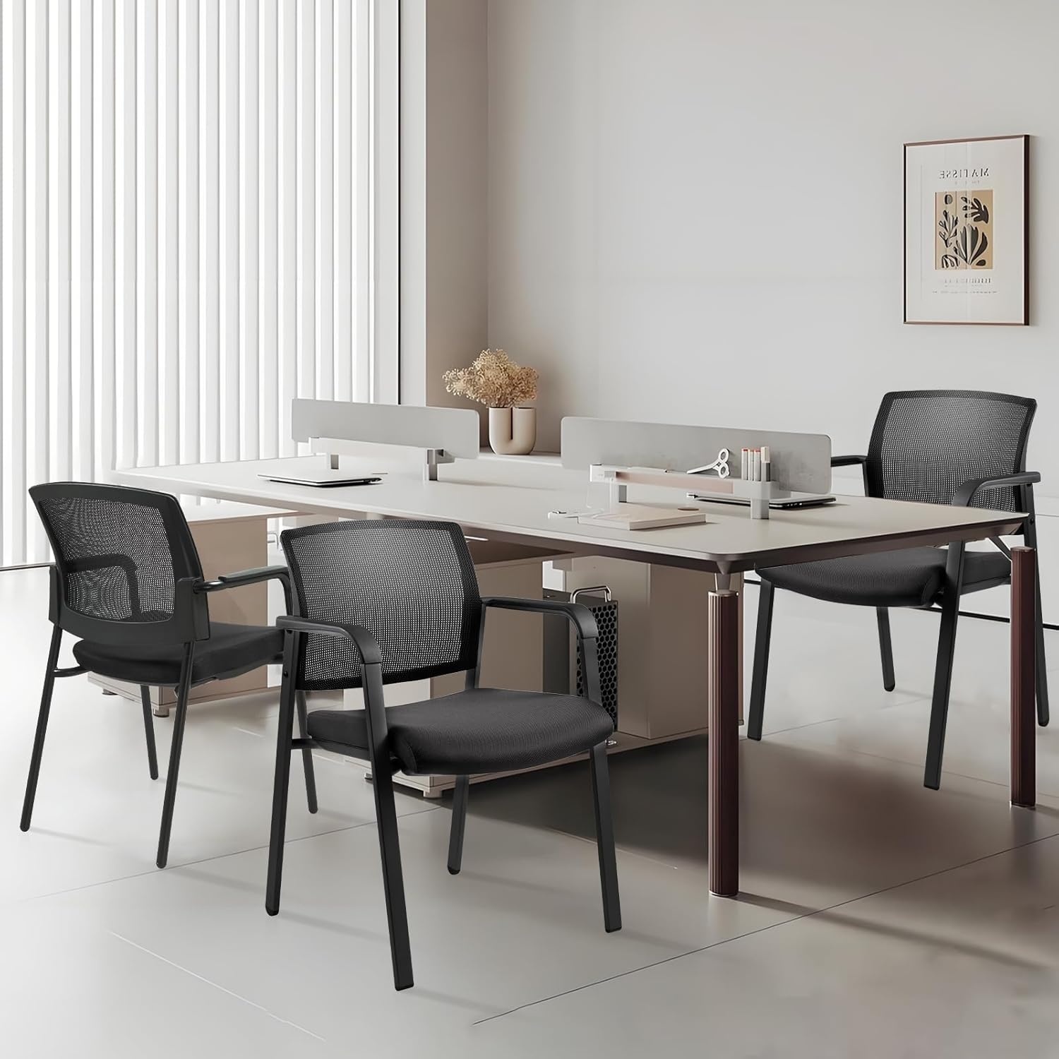 image:imageCLATINA Mesh Back Stacking Arm Chairs with Upholstered Fabric Seat and Ergonomic Lumber Support for Office School Church Guest Reception Black 4 Pack Set New VersionBlack
