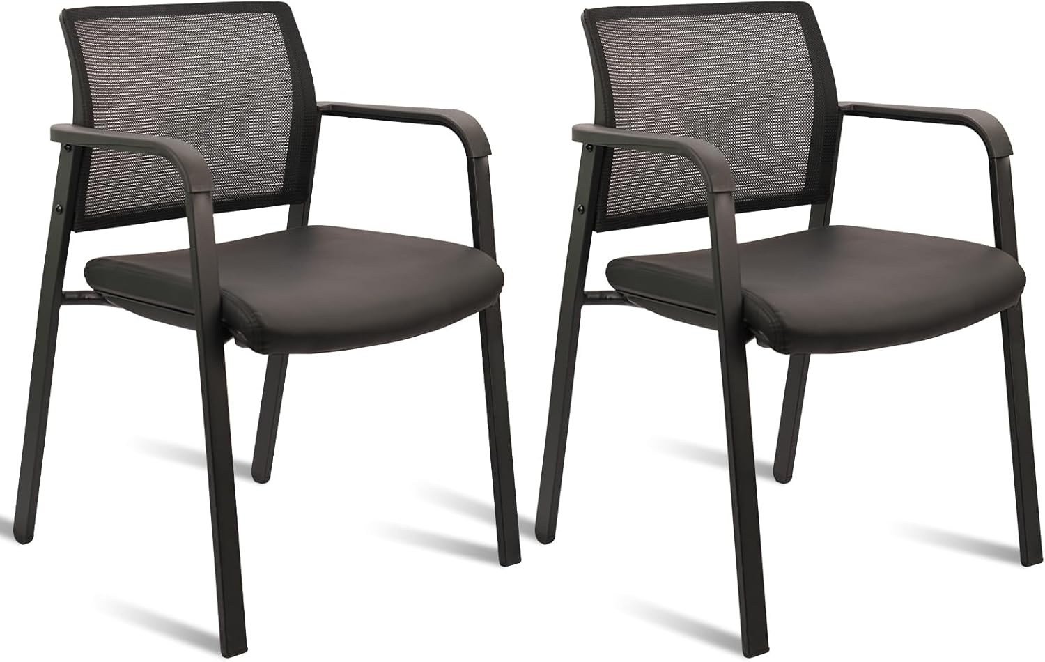 image:imageCLATINA Mesh Back Stacking Arm Chairs with Upholstered Fabric Seat and Ergonomic Lumber Support for Office School Church Guest Reception Black 4 Pack Set New VersionBlack Leather