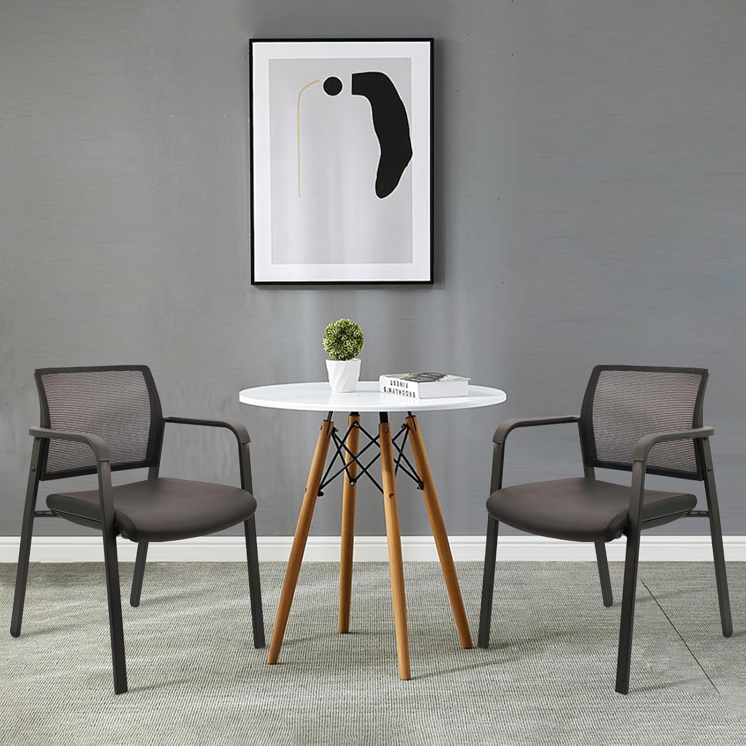 image:imageCLATINA Mesh Back Stacking Arm Chairs with Upholstered Fabric Seat and Ergonomic Lumber Support for Office School Church Guest Reception Black 4 Pack Set New VersionBlack Leather