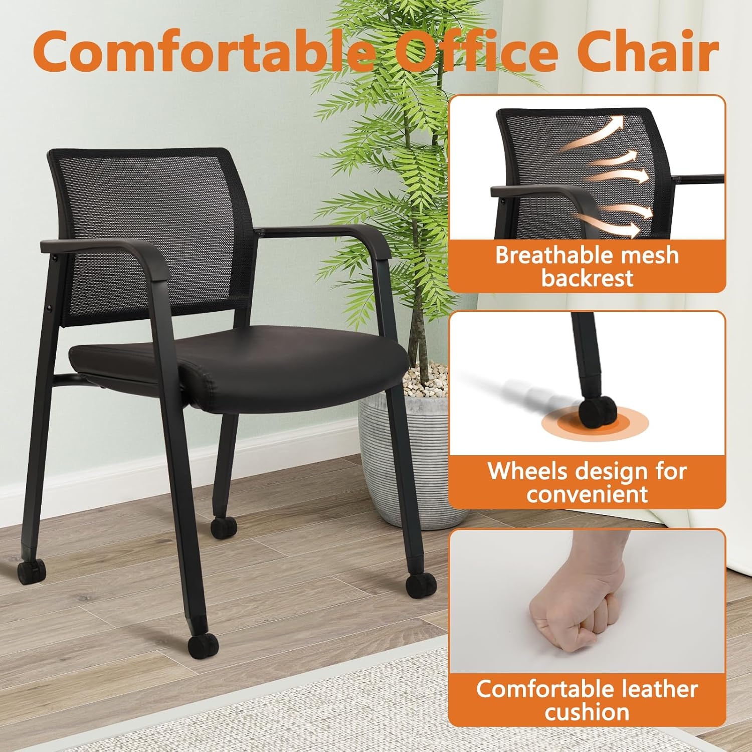 image:imageCLATINA Mesh Back Stacking Arm Chairs with Upholstered Fabric Seat and Ergonomic Lumber Support for Office School Church Guest Reception Black 4 Pack Set New VersionWithwheels Black Leather