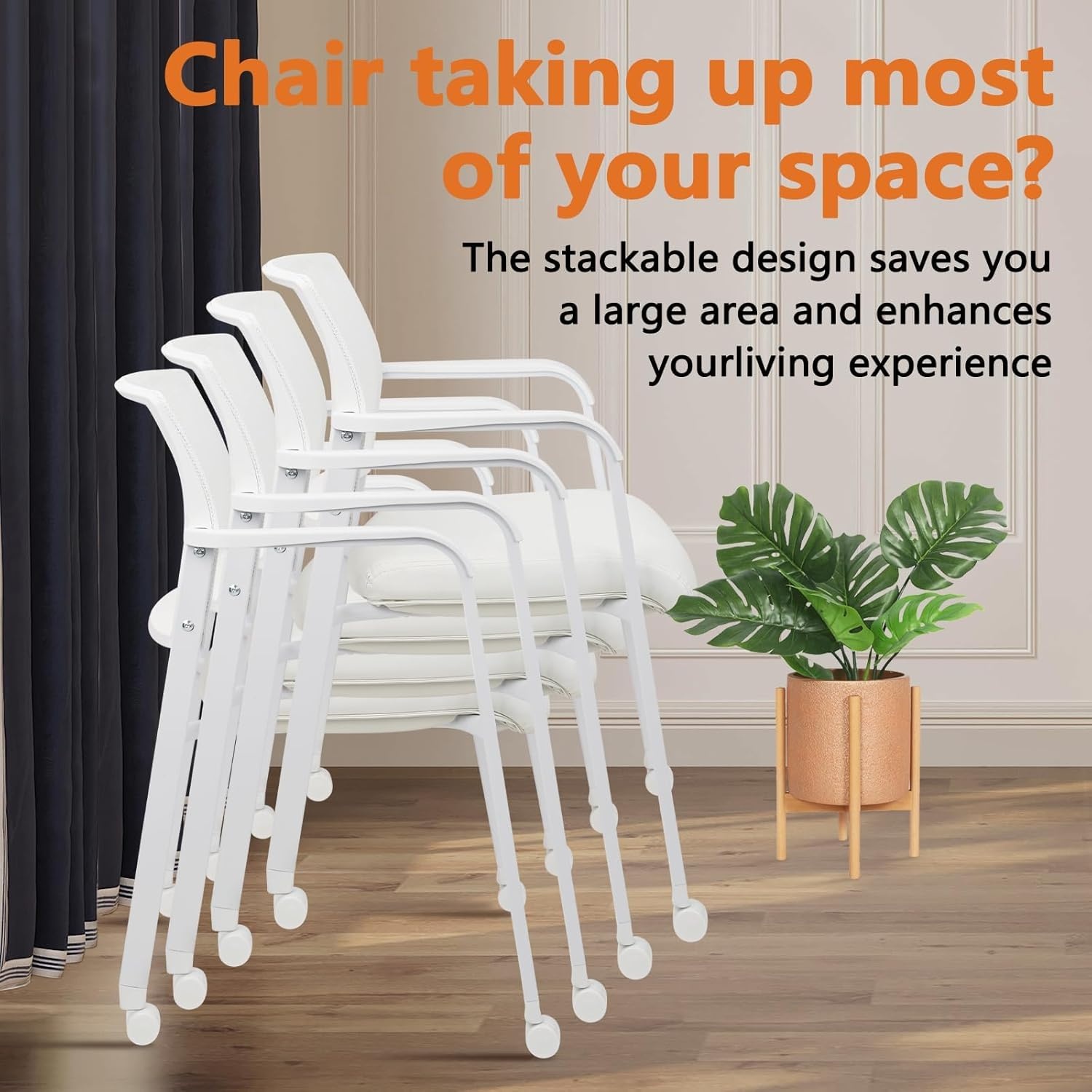 image:imageCLATINA Mesh Back Stacking Arm Chairs with Upholstered Fabric Seat and Ergonomic Lumber Support for Office School Church Guest Reception Black 4 Pack Set New VersionWithwheels White Leather