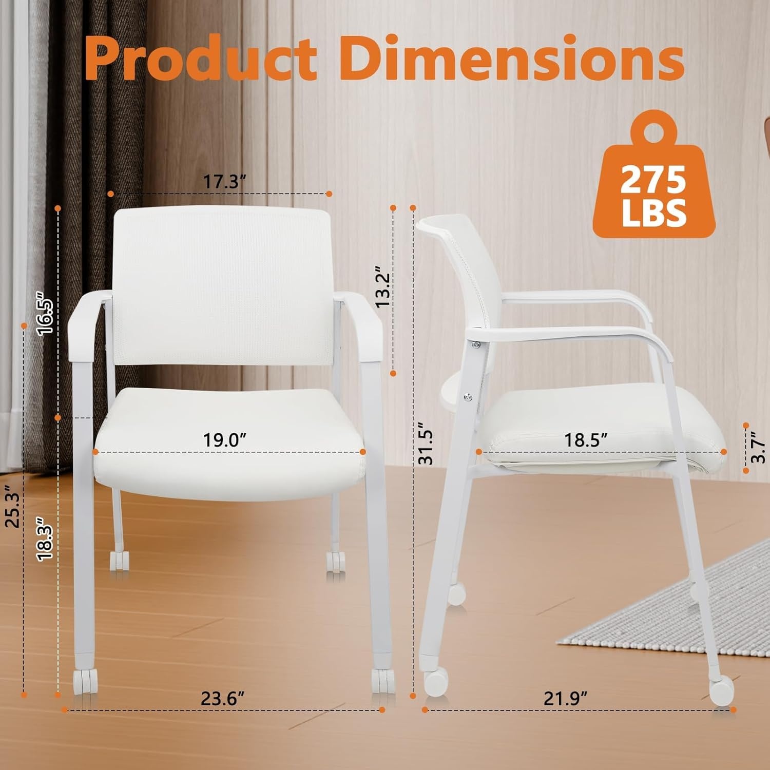 image:imageCLATINA Mesh Back Stacking Arm Chairs with Upholstered Fabric Seat and Ergonomic Lumber Support for Office School Church Guest Reception Black 4 Pack Set New VersionWithwheels White Leather
