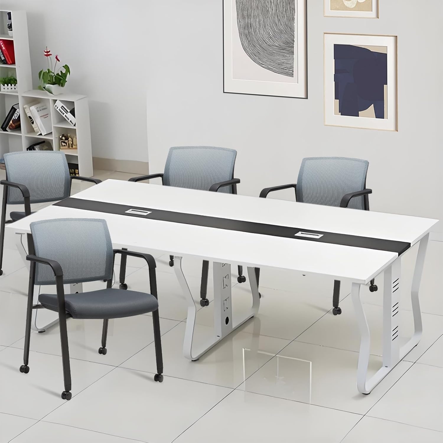 image:imageCLATINA Mesh Back Stacking Arm Chairs with Upholstered Fabric Seat and Ergonomic Lumber Support for Office School Church Guest Reception Black 4 Pack Set New VersionWithwheels Gray