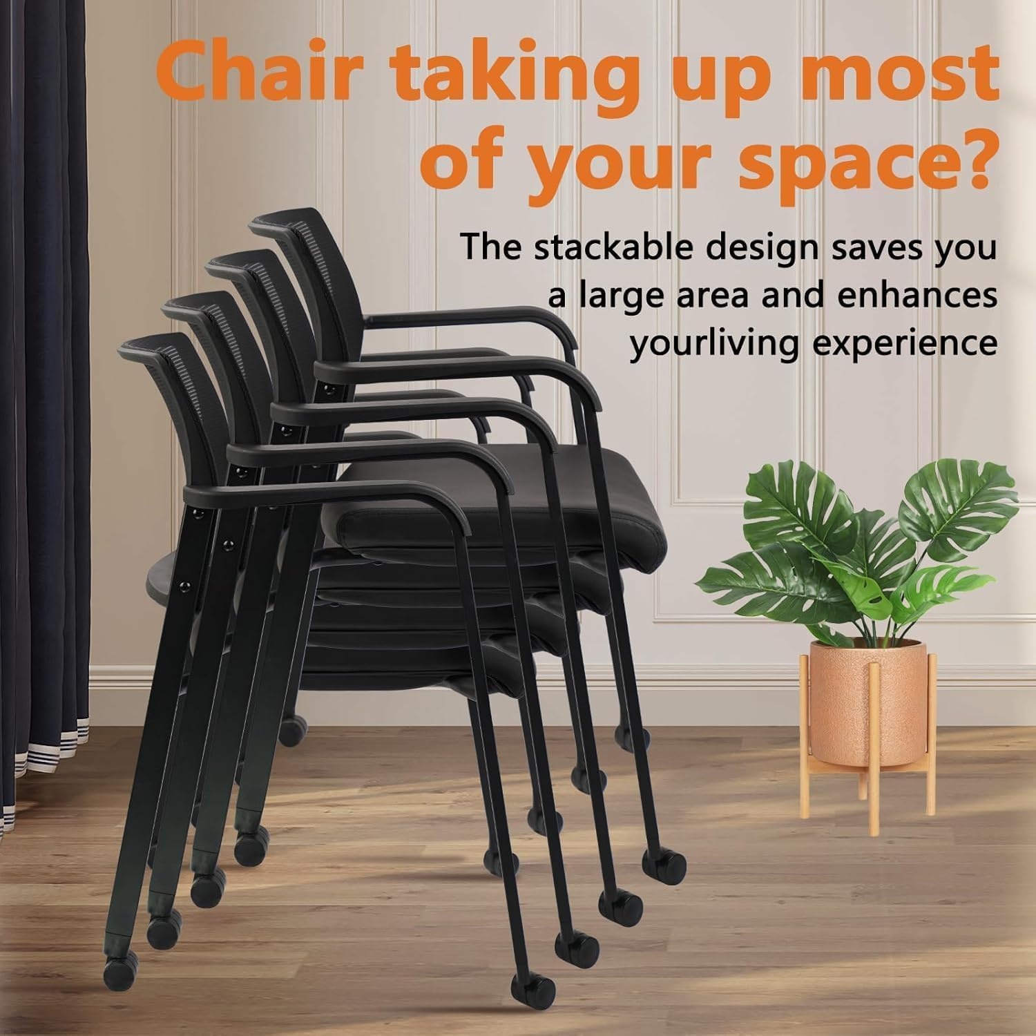 image:imageCLATINA Mesh Back Stacking Arm Chairs with Upholstered Fabric Seat and Ergonomic Lumber Support for Office School Church Guest Reception Black 4 Pack Set New VersionWithwheels Black Leather