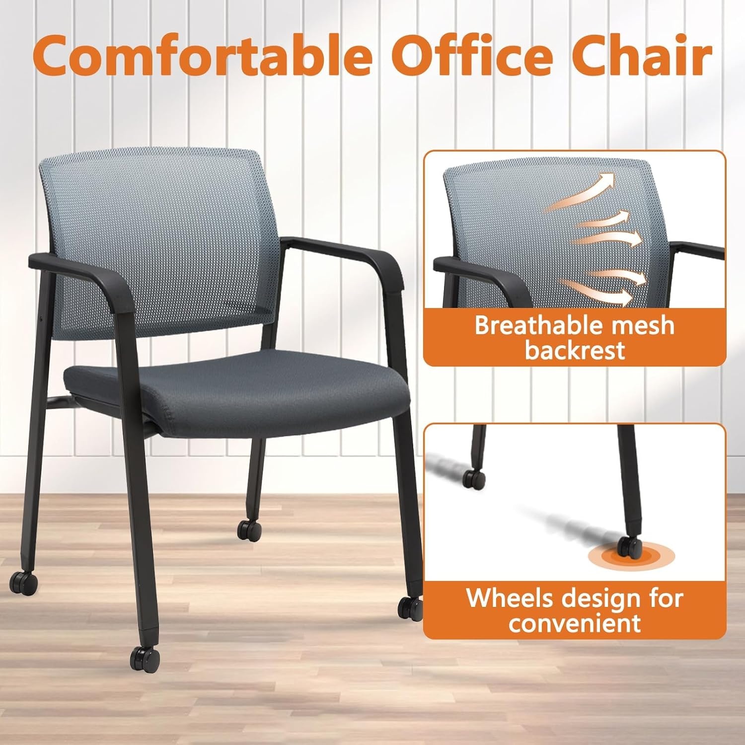 image:imageCLATINA Mesh Back Stacking Arm Chairs with Upholstered Fabric Seat and Ergonomic Lumber Support for Office School Church Guest Reception Black 4 Pack Set New VersionWithwheels Gray