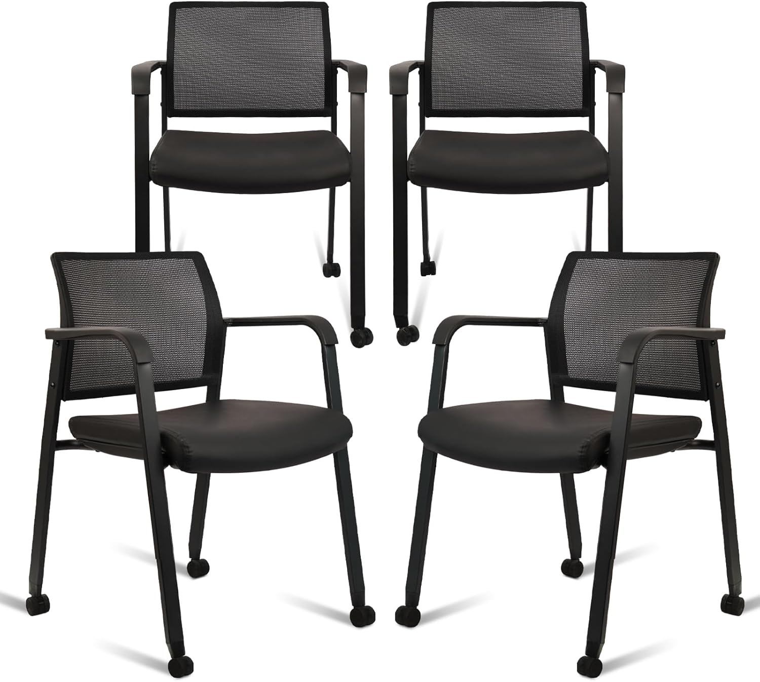 image:imageCLATINA Mesh Back Stacking Arm Chairs with Upholstered Fabric Seat and Ergonomic Lumber Support for Office School Church Guest Reception Black 4 Pack Set New VersionWithwheels Black Leather