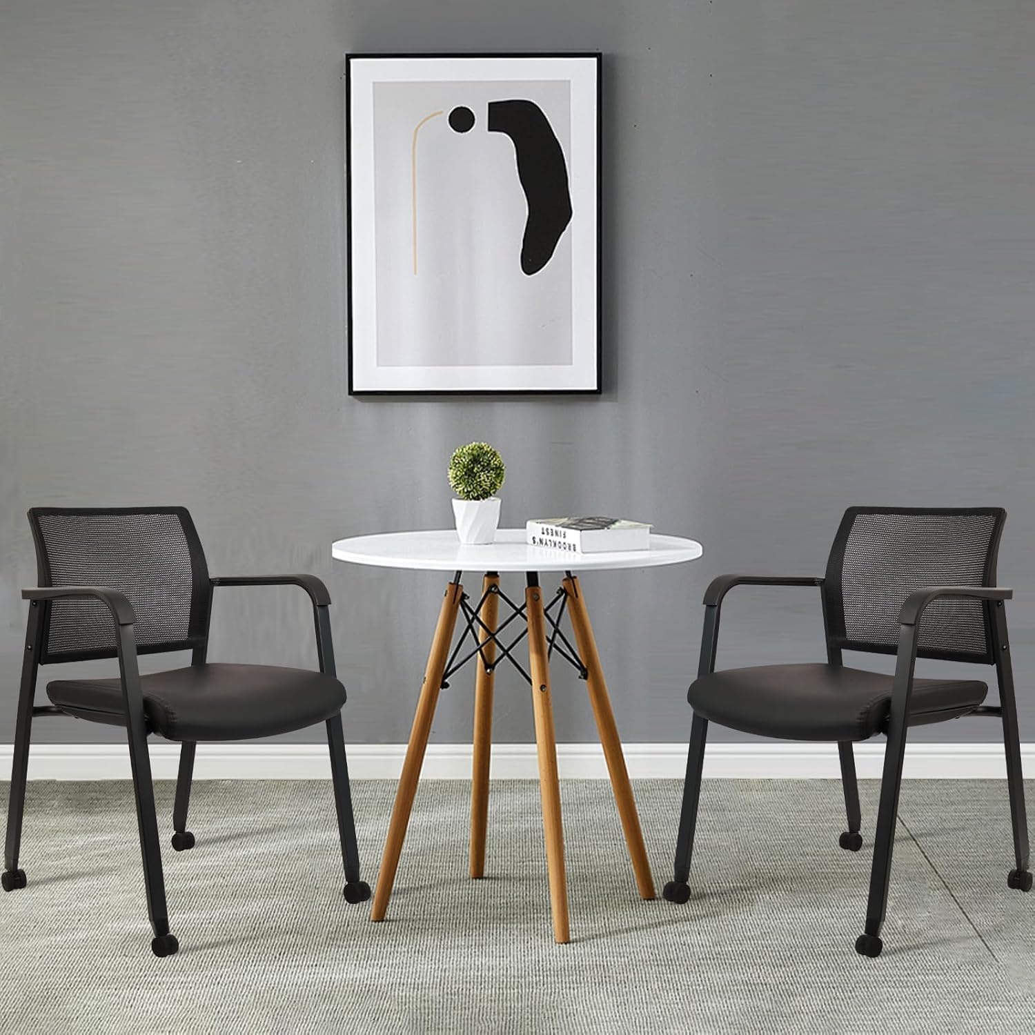 image:imageCLATINA Mesh Back Stacking Arm Chairs with Upholstered Fabric Seat and Ergonomic Lumber Support for Office School Church Guest Reception Black 4 Pack Set New VersionWithwheels Black Leather