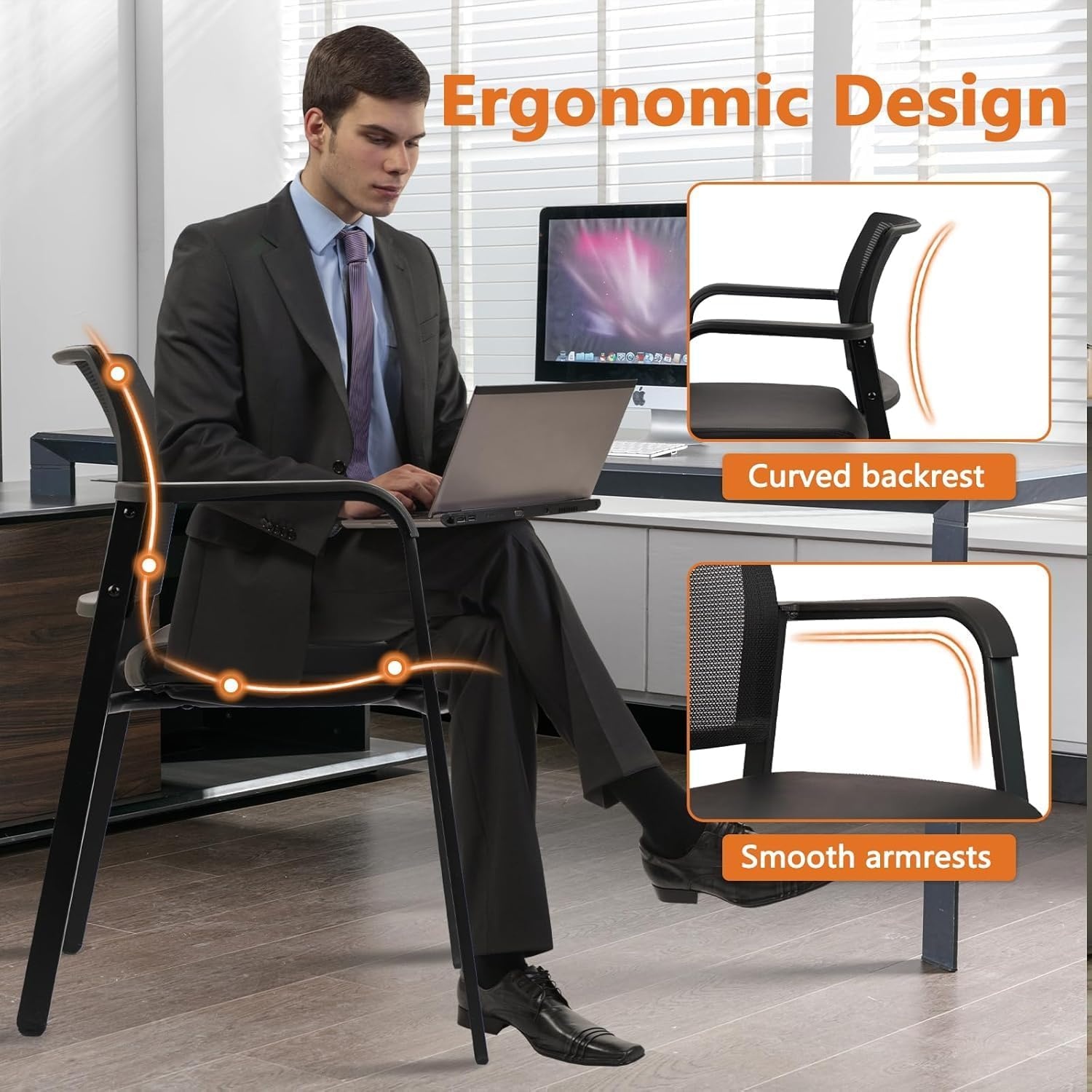 image:imageCLATINA Mesh Back Stacking Arm Chairs with Upholstered Fabric Seat and Ergonomic Lumber Support for Office School Church Guest Reception Black 4 Pack Set New VersionBlack Leather