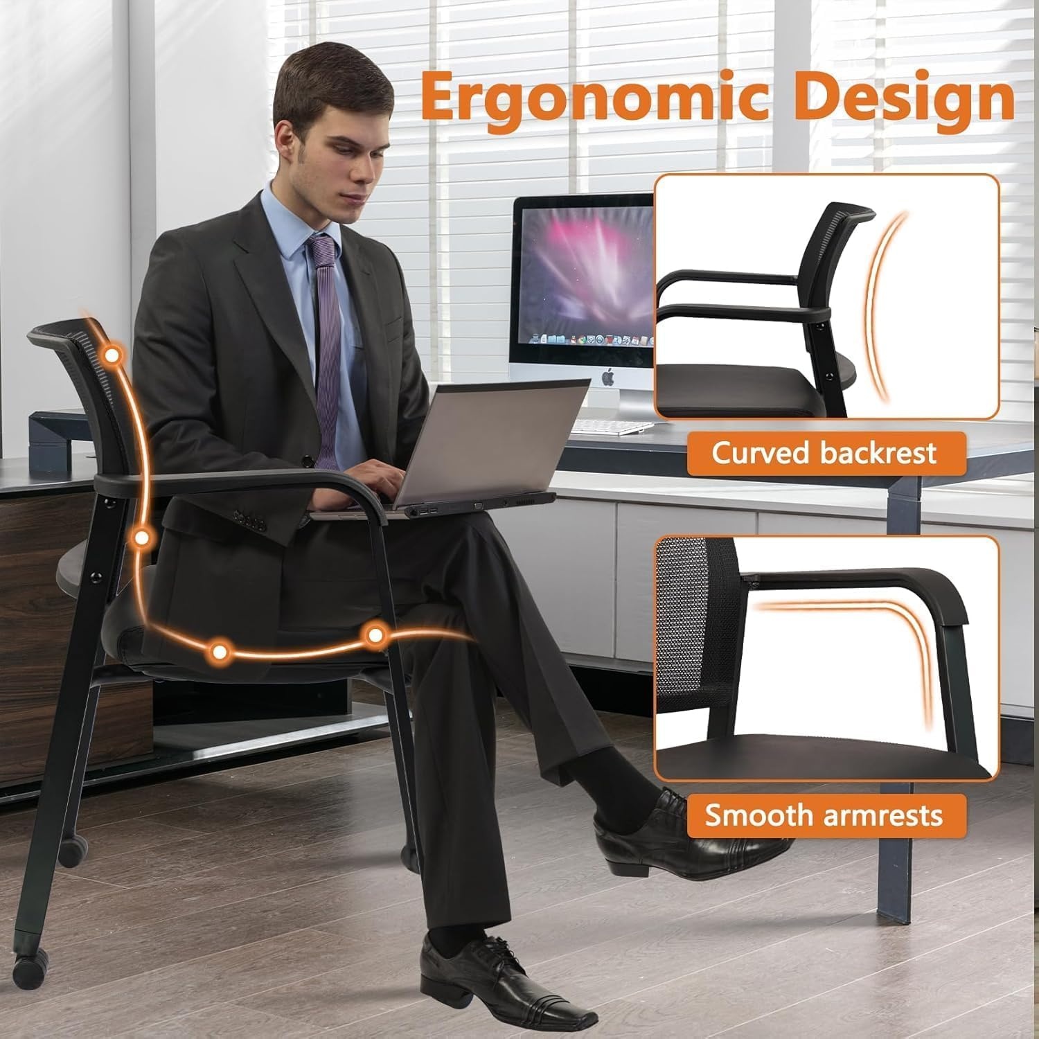 image:imageCLATINA Mesh Back Stacking Arm Chairs with Upholstered Fabric Seat and Ergonomic Lumber Support for Office School Church Guest Reception Black 4 Pack Set New VersionWithwheels Black Leather