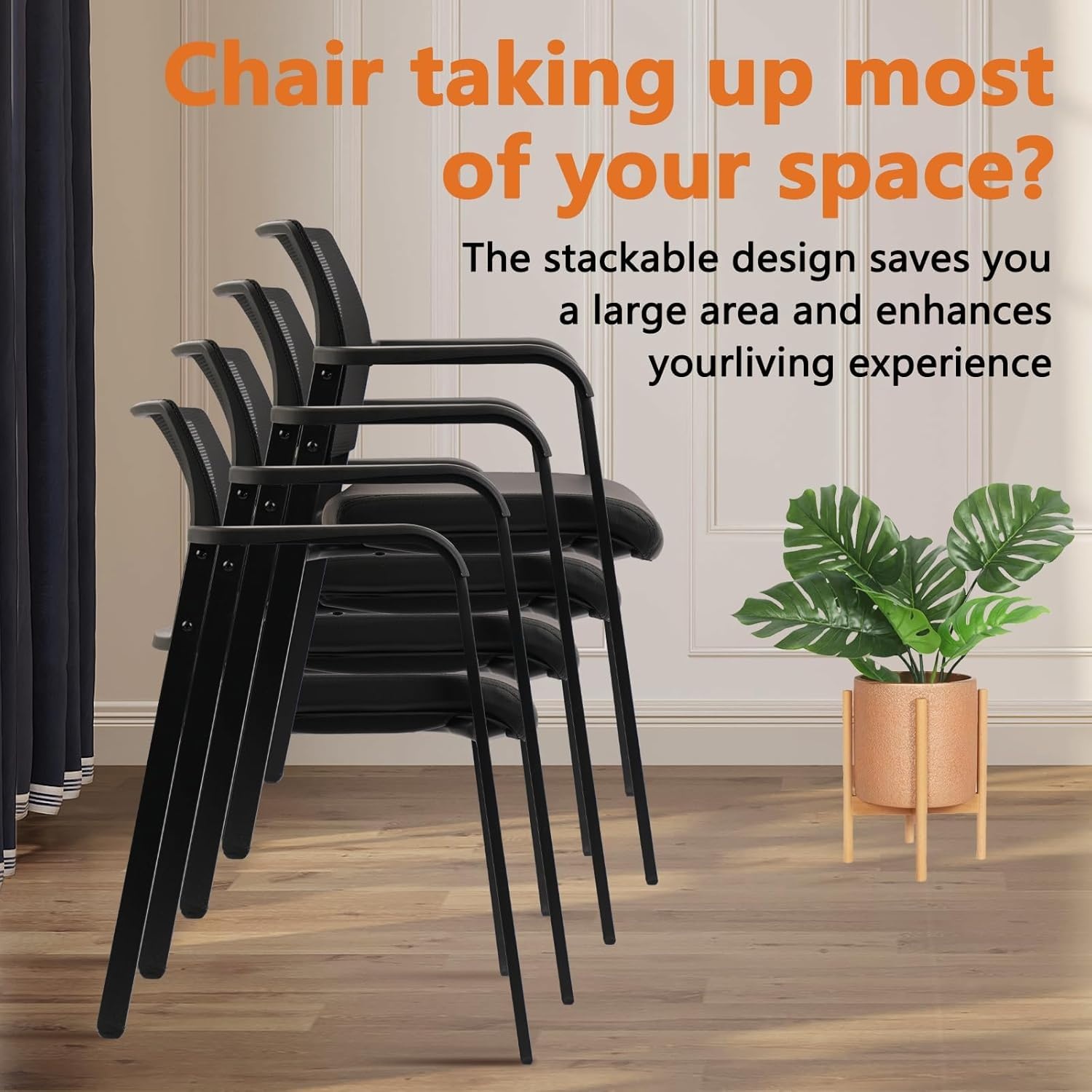 image:imageCLATINA Mesh Back Stacking Arm Chairs with Upholstered Fabric Seat and Ergonomic Lumber Support for Office School Church Guest Reception Black 4 Pack Set New VersionBlack Leather