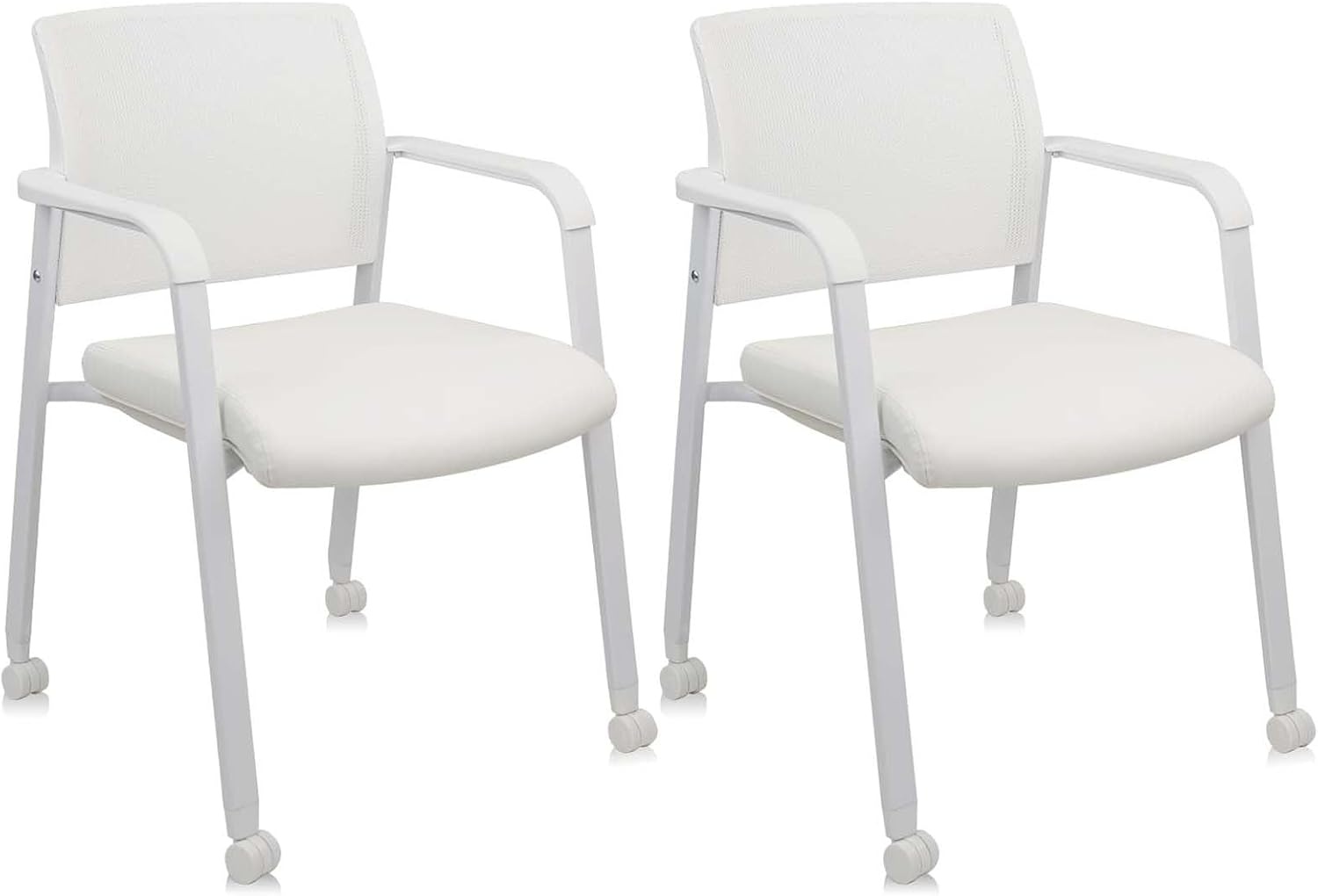image:imageCLATINA Mesh Back Stacking Arm Chairs with Upholstered Fabric Seat and Ergonomic Lumber Support for Office School Church Guest Reception Black 4 Pack Set New VersionWithwheels White Leather