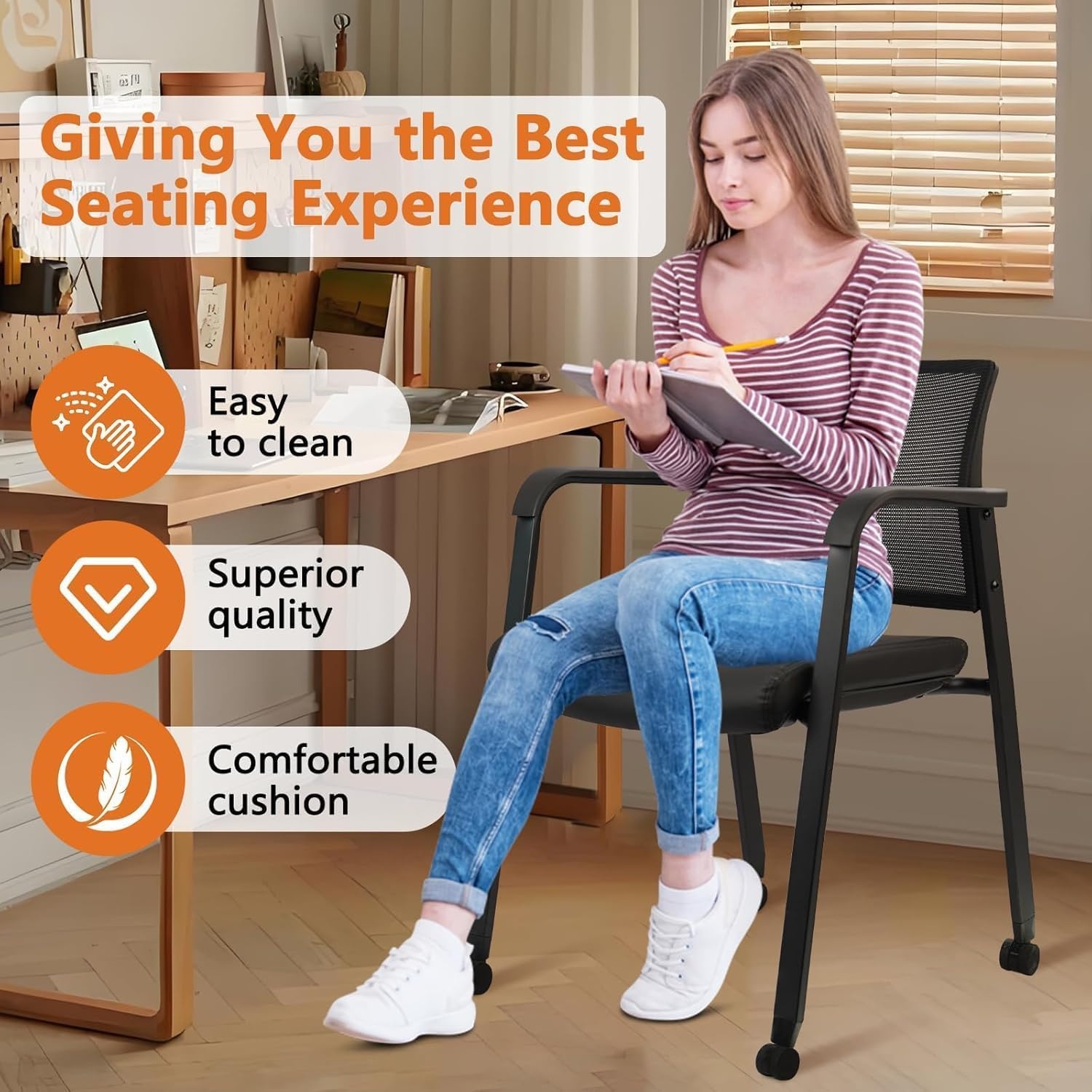 image:imageCLATINA Mesh Back Stacking Arm Chairs with Upholstered Fabric Seat and Ergonomic Lumber Support for Office School Church Guest Reception Black 4 Pack Set New VersionWithwheels Black Leather