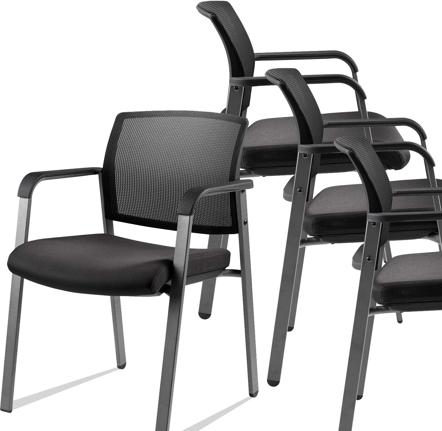 image:imageCLATINA Mesh Back Stacking Arm Chairs with Upholstered Fabric Seat and Ergonomic Lumber Support for Office School Church Guest Reception Black 4 Pack Set New VersionBlack