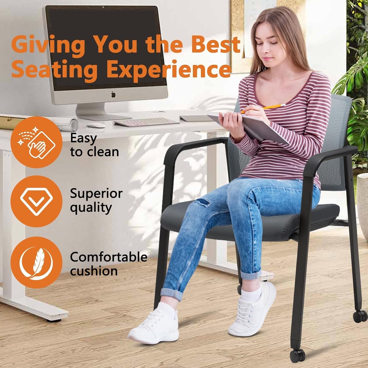 image:imageCLATINA Mesh Back Stacking Arm Chairs with Upholstered Fabric Seat and Ergonomic Lumber Support for Office School Church Guest Reception Black 4 Pack Set New VersionWithwheels Gray