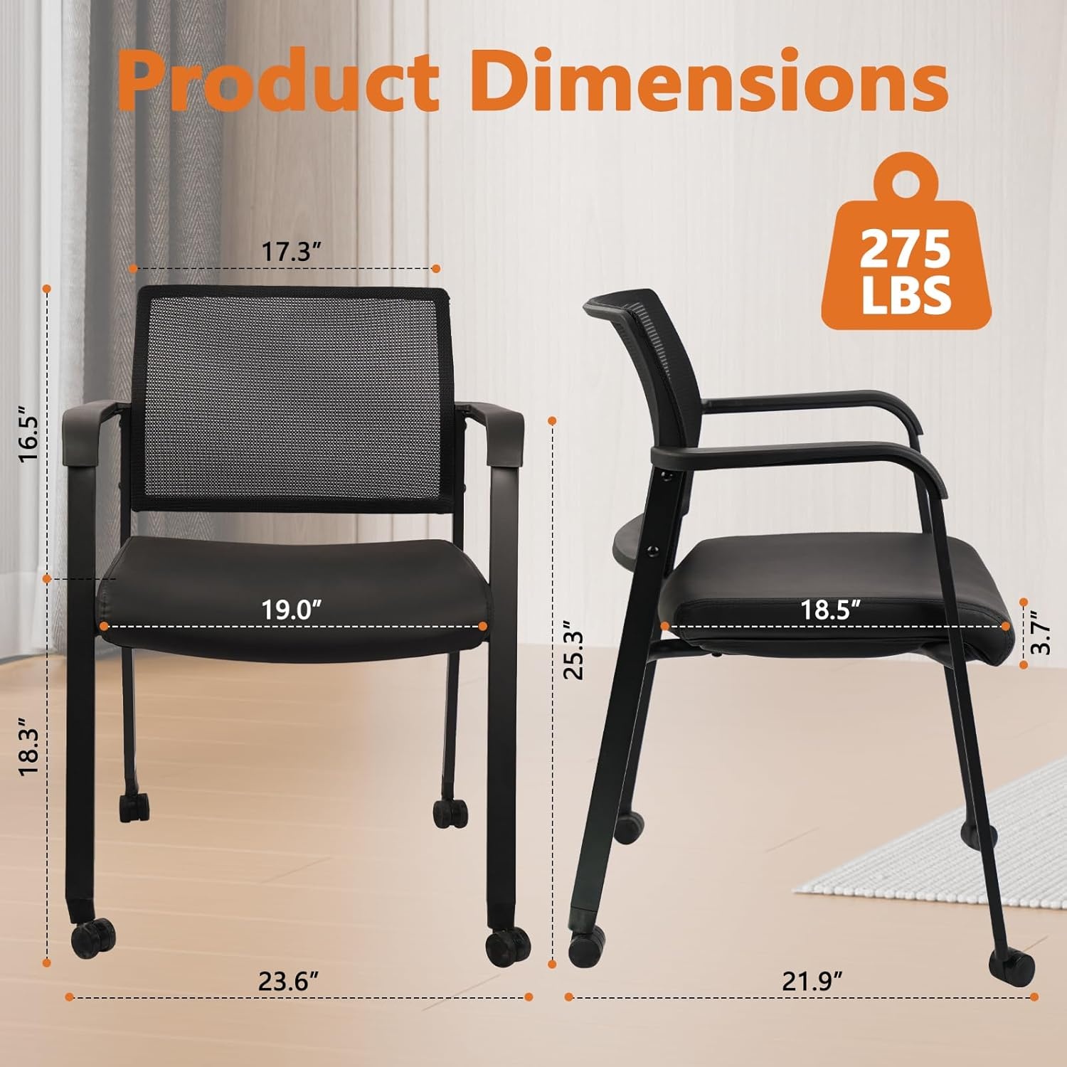 image:imageCLATINA Mesh Back Stacking Arm Chairs with Upholstered Fabric Seat and Ergonomic Lumber Support for Office School Church Guest Reception Black 4 Pack Set New VersionWithwheels Black Leather