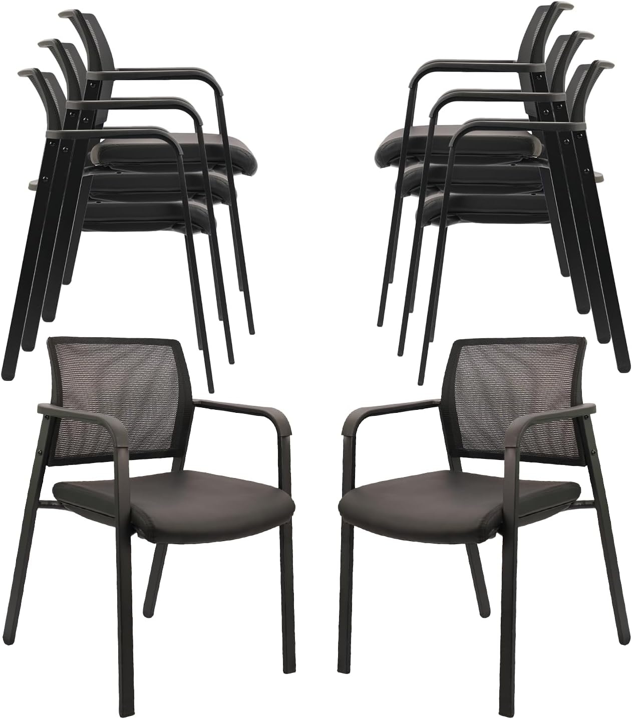 image:imageCLATINA Mesh Back Stacking Arm Chairs with Upholstered Fabric Seat and Ergonomic Lumber Support for Office School Church Guest Reception Black 4 Pack Set New VersionBlack Leather