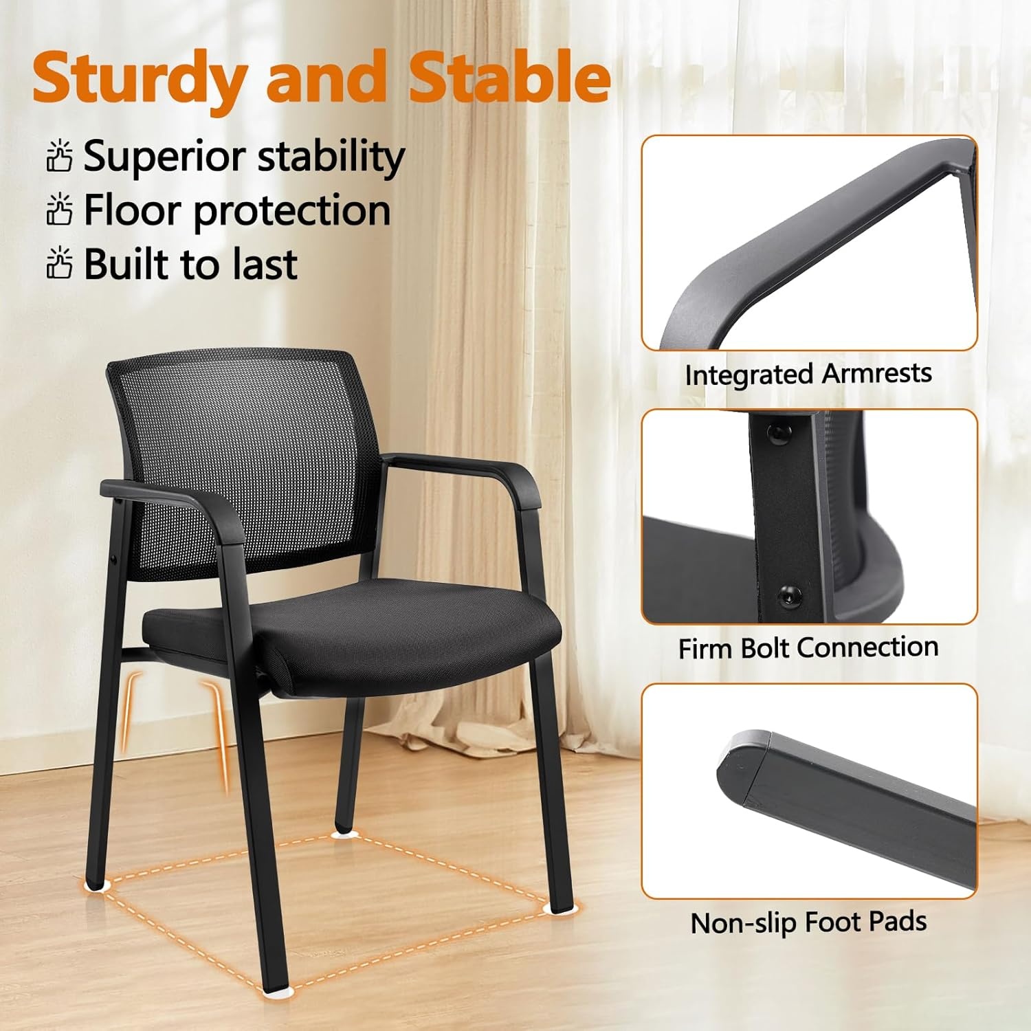 image:imageCLATINA Mesh Back Stacking Arm Chairs with Upholstered Fabric Seat and Ergonomic Lumber Support for Office School Church Guest Reception Black 4 Pack Set New VersionBlack