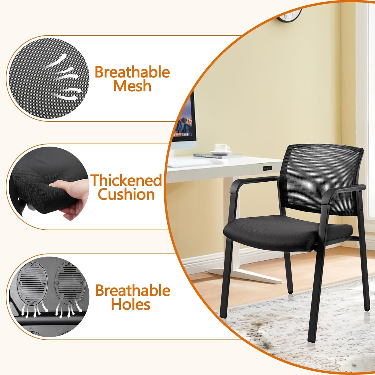 image:imageCLATINA Mesh Back Stacking Arm Chairs with Upholstered Fabric Seat and Ergonomic Lumber Support for Office School Church Guest Reception Black 4 Pack Set New VersionBlack
