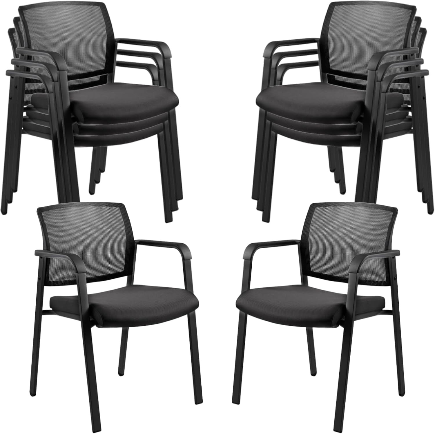 image:imageCLATINA Mesh Back Stacking Arm Chairs with Upholstered Fabric Seat and Ergonomic Lumber Support for Office School Church Guest Reception Black 4 Pack Set New VersionBlack