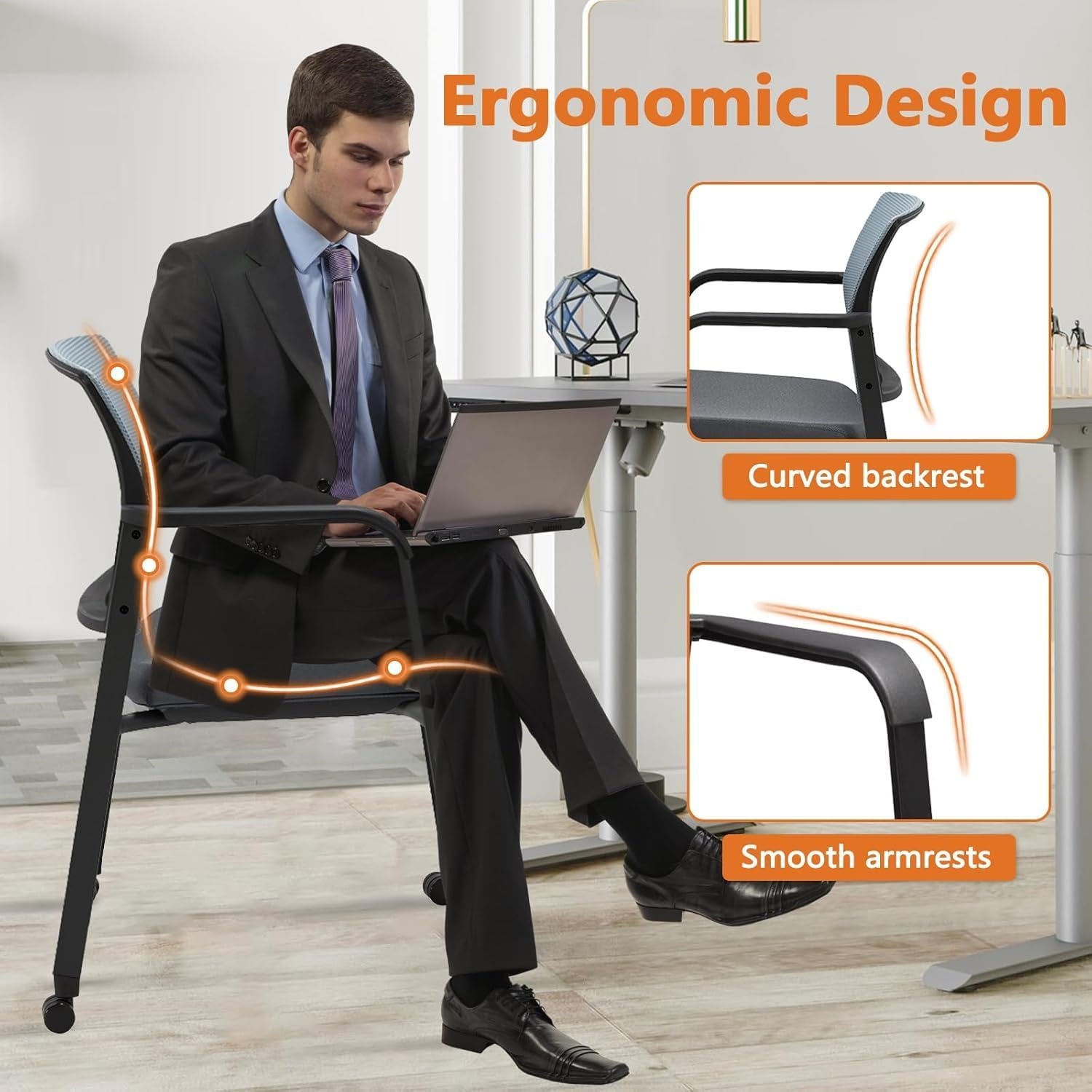 image:imageCLATINA Mesh Back Stacking Arm Chairs with Upholstered Fabric Seat and Ergonomic Lumber Support for Office School Church Guest Reception Black 4 Pack Set New VersionWithwheels Gray
