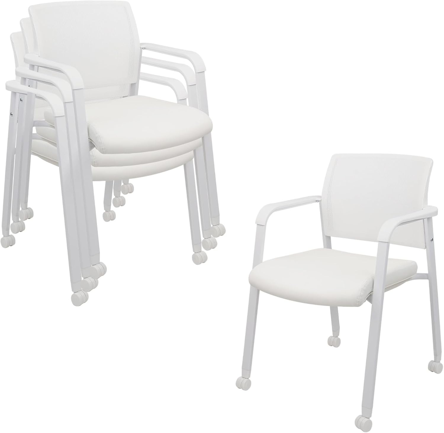 image:imageCLATINA Mesh Back Stacking Arm Chairs with Upholstered Fabric Seat and Ergonomic Lumber Support for Office School Church Guest Reception Black 4 Pack Set New VersionWithwheels White Leather