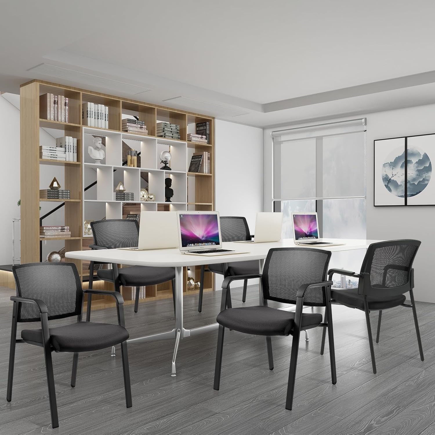 image:imageCLATINA Mesh Back Stacking Arm Chairs with Upholstered Fabric Seat and Ergonomic Lumber Support for Office School Church Guest Reception Black 4 Pack Set New VersionBlack