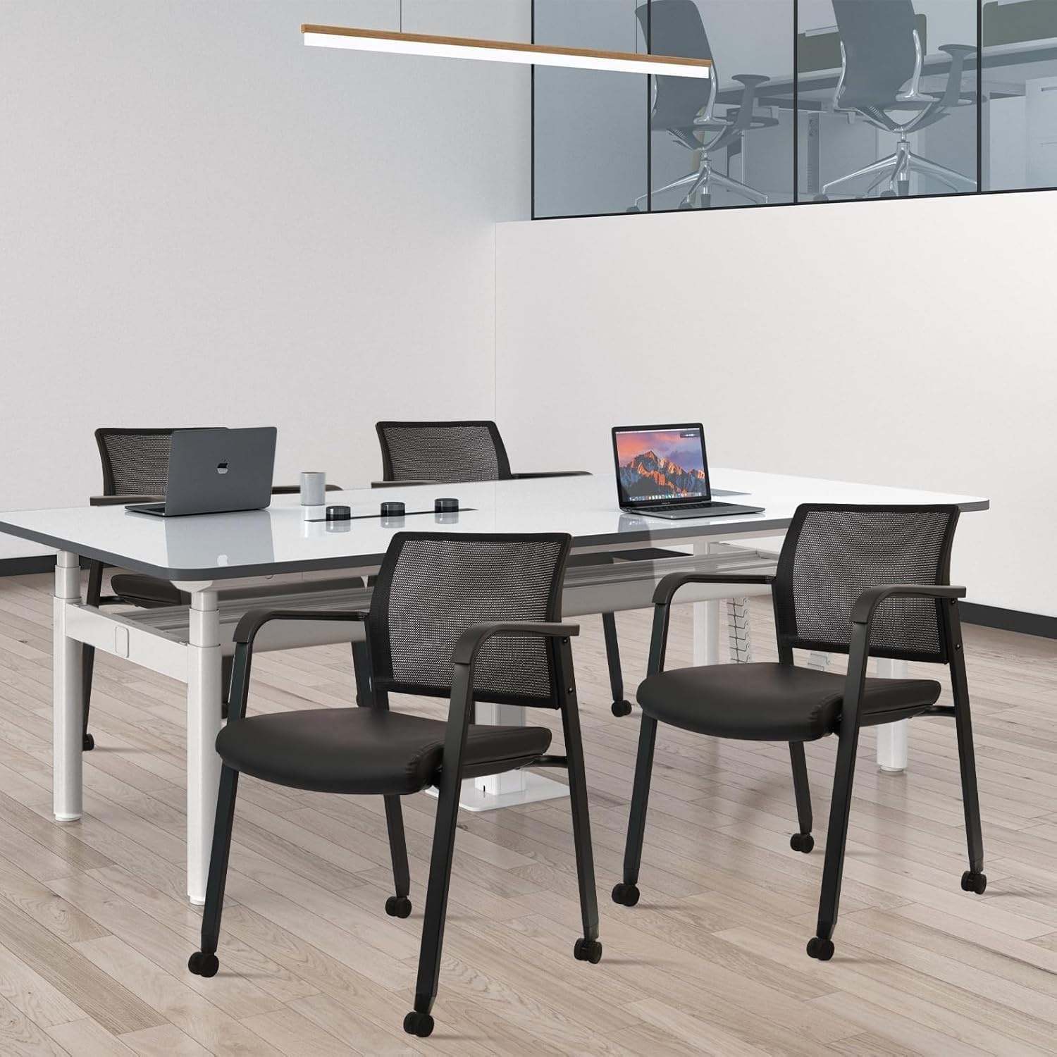 image:imageCLATINA Mesh Back Stacking Arm Chairs with Upholstered Fabric Seat and Ergonomic Lumber Support for Office School Church Guest Reception Black 4 Pack Set New VersionWithwheels Black Leather