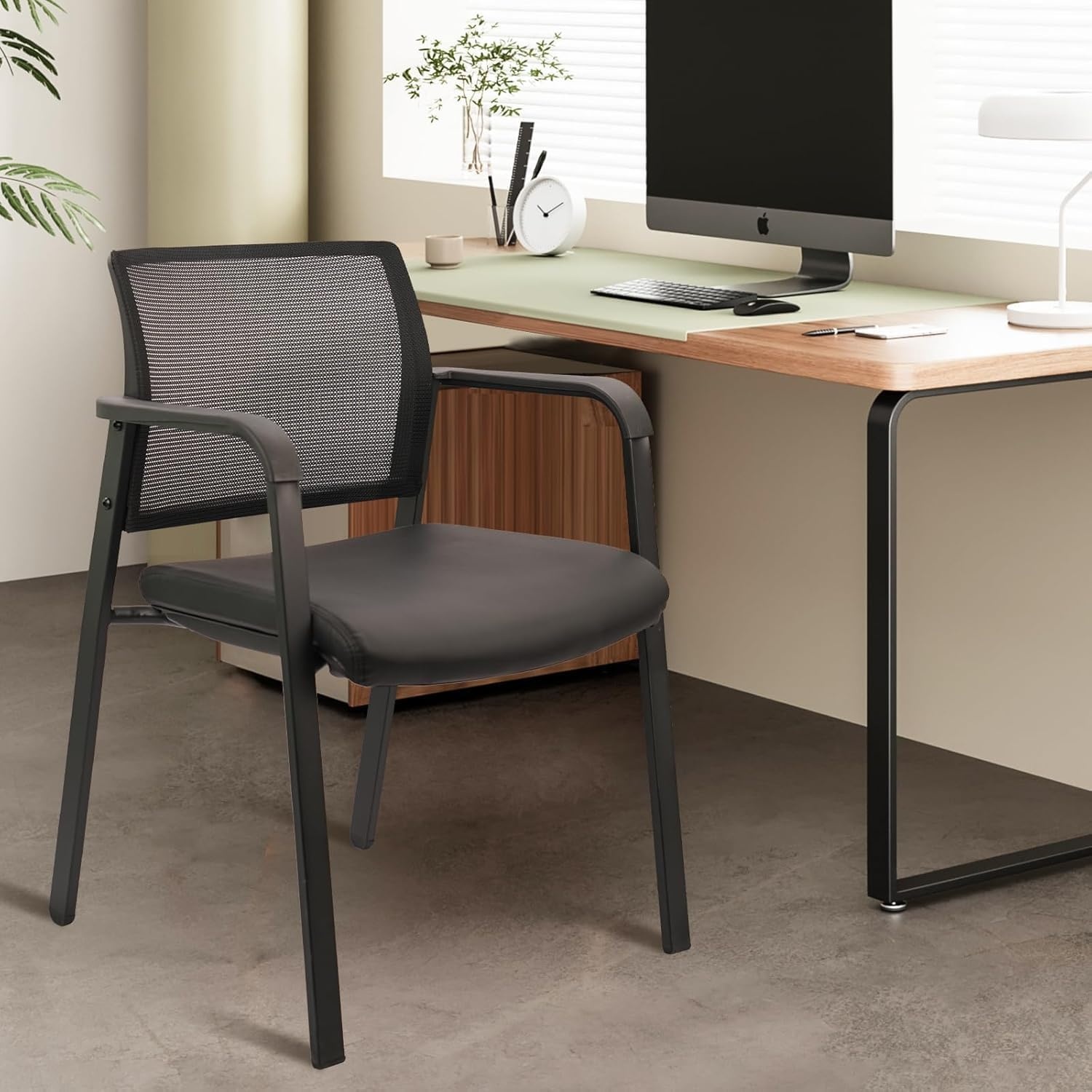 image:imageCLATINA Mesh Back Stacking Arm Chairs with Upholstered Fabric Seat and Ergonomic Lumber Support for Office School Church Guest Reception Black 4 Pack Set New VersionBlack Leather