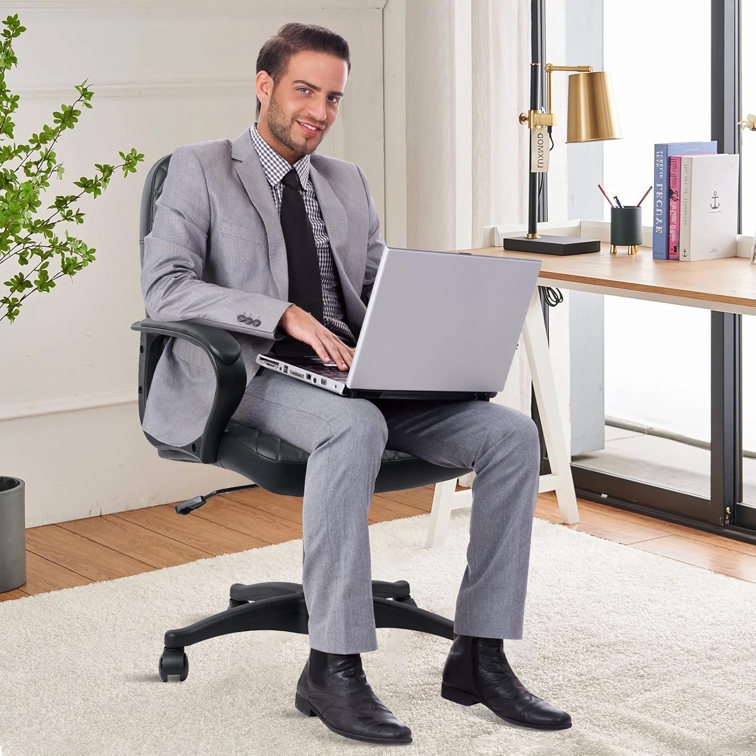 image:imageCLATINA Office Chair Mid Back Leather Computer Desk Chairs with Wheels Ergonomic Executive Swivel Stool with Lumbar Support Armrest for Home Office Black1 Pack