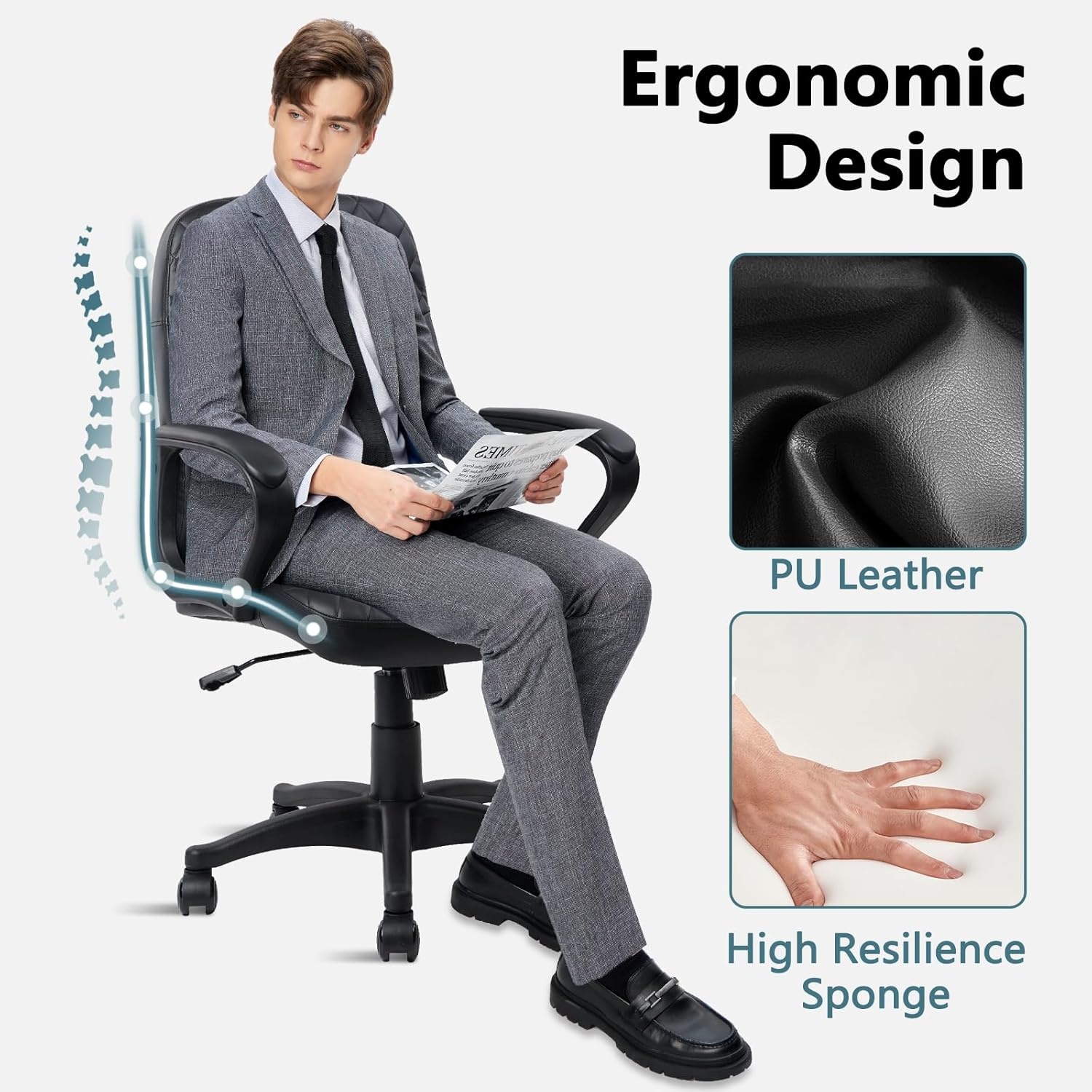 image:imageCLATINA Office Chair Mid Back Leather Computer Desk Chairs with Wheels Ergonomic Executive Swivel Stool with Lumbar Support Armrest for Home Office Black1 Pack