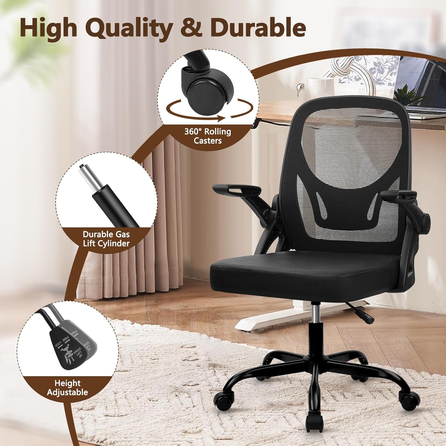 image:imageCLATINA Office Chair with Wheels Ergonomic Flip Up Arms Mesh Back Desk Chairs with Lumbar Support PU Leather Seat Adjustable Height Swivel Rolling Computer Task Chair for Study Home School BlackBlackleather Seat