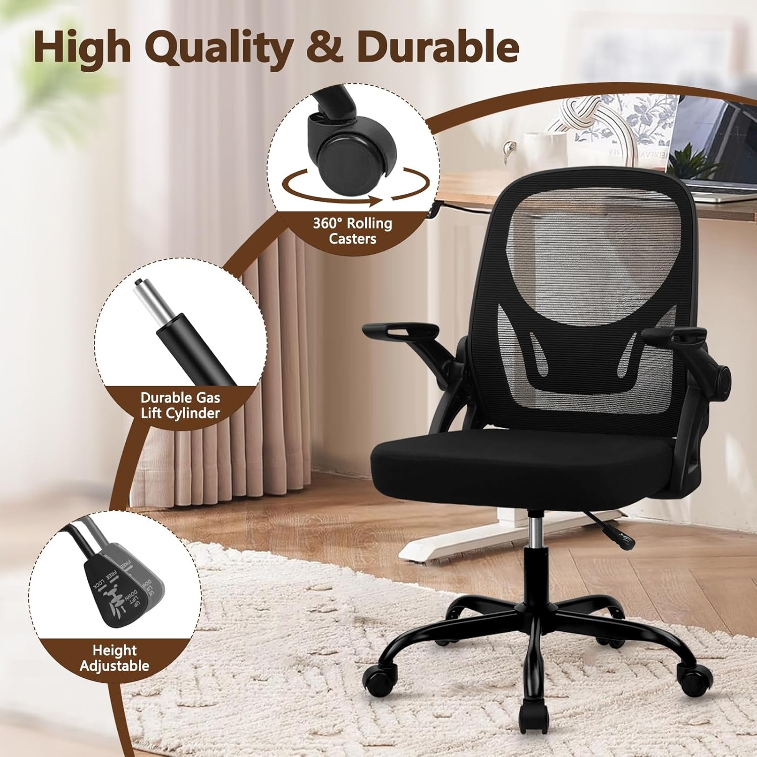 image:imageCLATINA Office Chair with Wheels Ergonomic Flip Up Arms Mesh Back Desk Chairs with Lumbar Support PU Leather Seat Adjustable Height Swivel Rolling Computer Task Chair for Study Home School BlackBlackfabric Seat