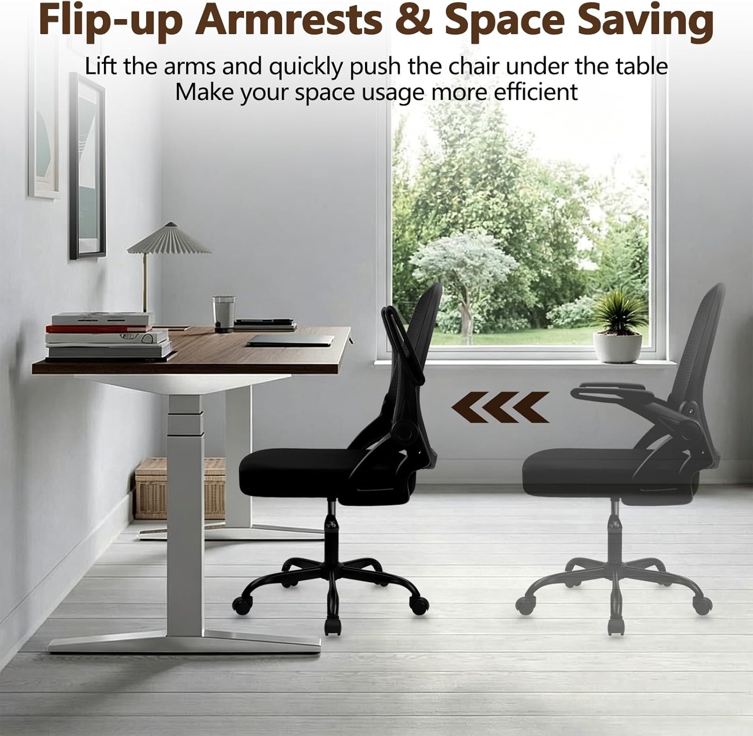image:imageCLATINA Office Chair with Wheels Ergonomic Flip Up Arms Mesh Back Desk Chairs with Lumbar Support PU Leather Seat Adjustable Height Swivel Rolling Computer Task Chair for Study Home School BlackBlackfabric Seat