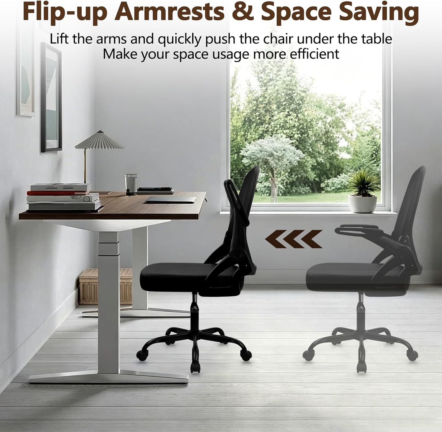 image:imageCLATINA Office Chair with Wheels Ergonomic Flip Up Arms Mesh Back Desk Chairs with Lumbar Support PU Leather Seat Adjustable Height Swivel Rolling Computer Task Chair for Study Home School BlackBlackleather Seat