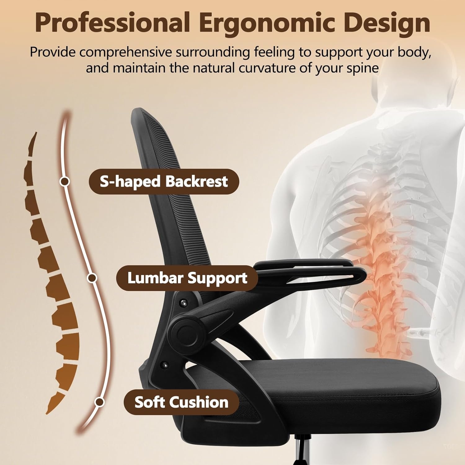 image:imageCLATINA Office Chair with Wheels Ergonomic Flip Up Arms Mesh Back Desk Chairs with Lumbar Support PU Leather Seat Adjustable Height Swivel Rolling Computer Task Chair for Study Home School BlackBlackleather Seat
