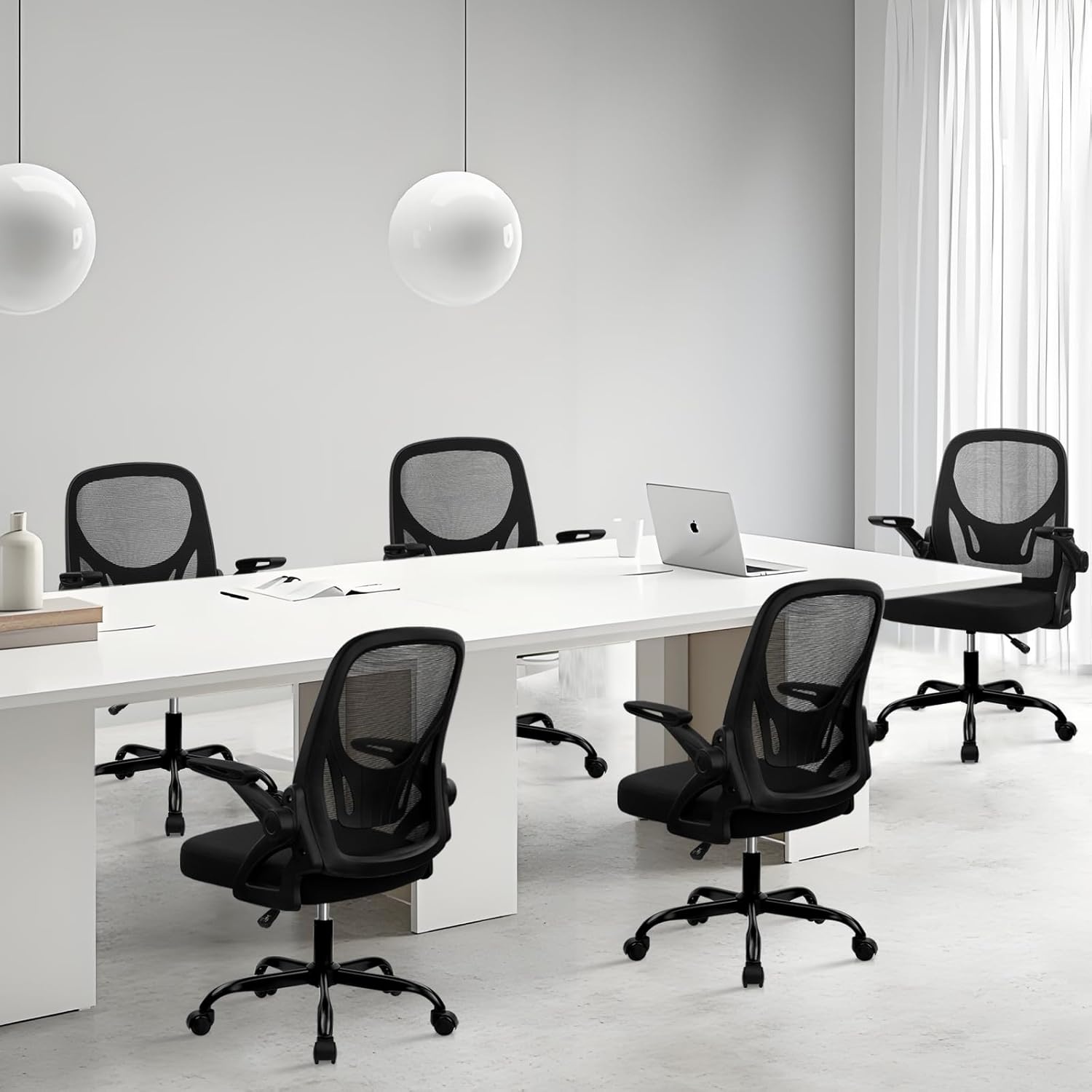 image:imageCLATINA Office Chair with Wheels Ergonomic Flip Up Arms Mesh Back Desk Chairs with Lumbar Support PU Leather Seat Adjustable Height Swivel Rolling Computer Task Chair for Study Home School BlackBlackfabric Seat