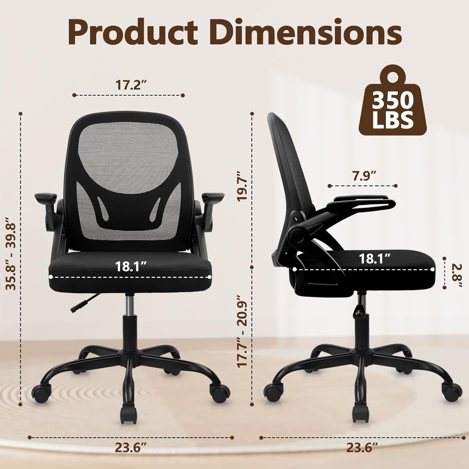 image:imageCLATINA Office Chair with Wheels Ergonomic Flip Up Arms Mesh Back Desk Chairs with Lumbar Support PU Leather Seat Adjustable Height Swivel Rolling Computer Task Chair for Study Home School BlackBlackfabric Seat