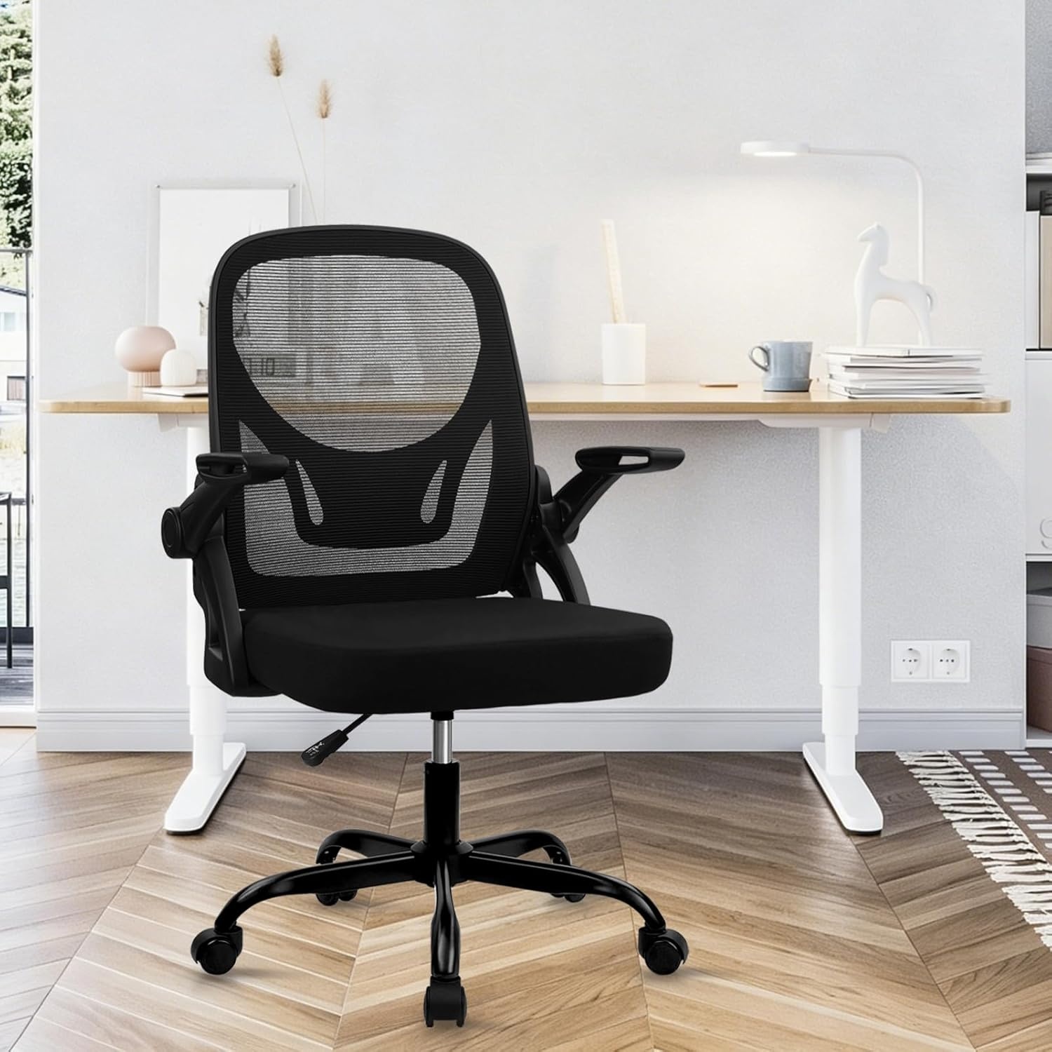 image:imageCLATINA Office Chair with Wheels Ergonomic Flip Up Arms Mesh Back Desk Chairs with Lumbar Support PU Leather Seat Adjustable Height Swivel Rolling Computer Task Chair for Study Home School BlackBlackfabric Seat