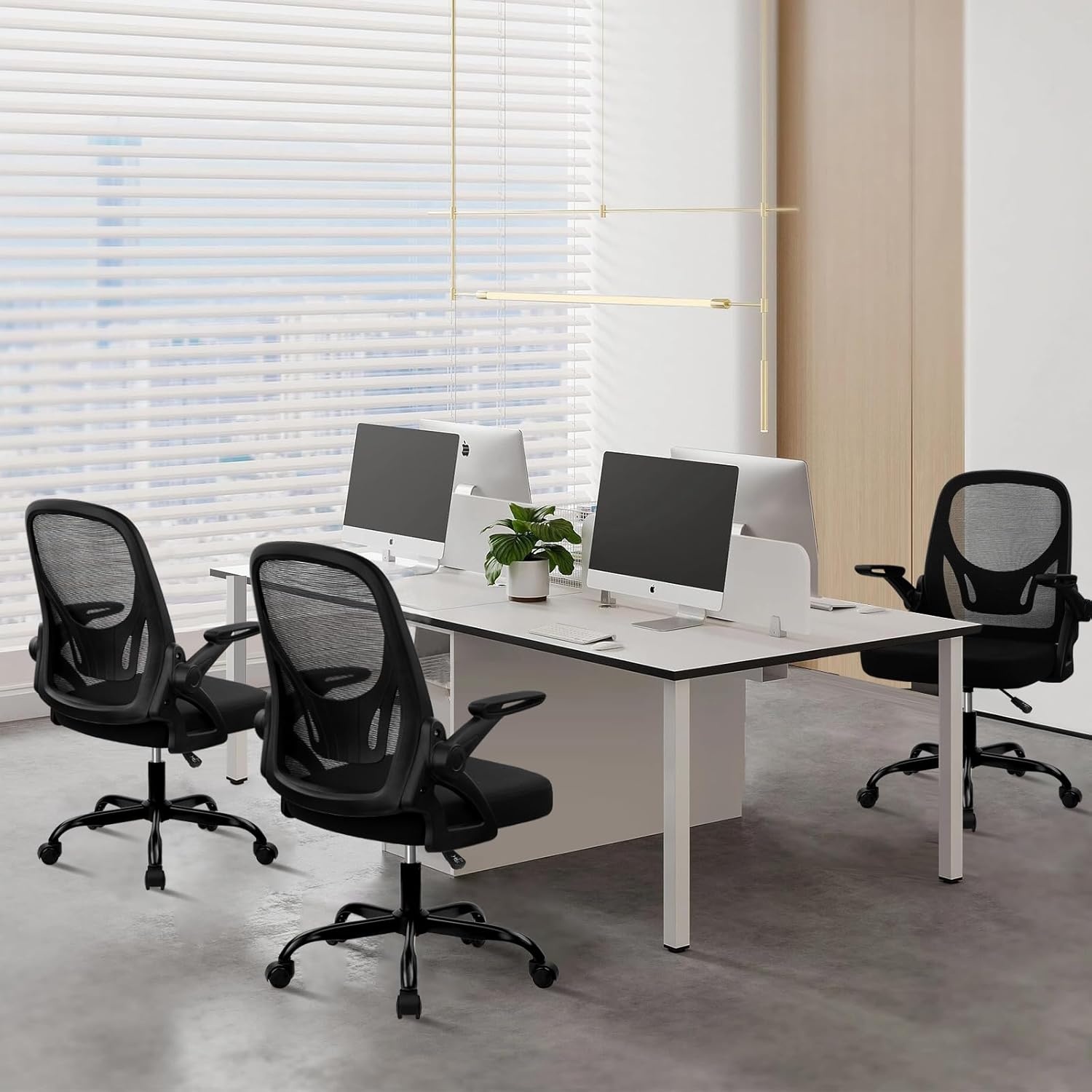 image:imageCLATINA Office Chair with Wheels Ergonomic Flip Up Arms Mesh Back Desk Chairs with Lumbar Support PU Leather Seat Adjustable Height Swivel Rolling Computer Task Chair for Study Home School BlackBlackfabric Seat