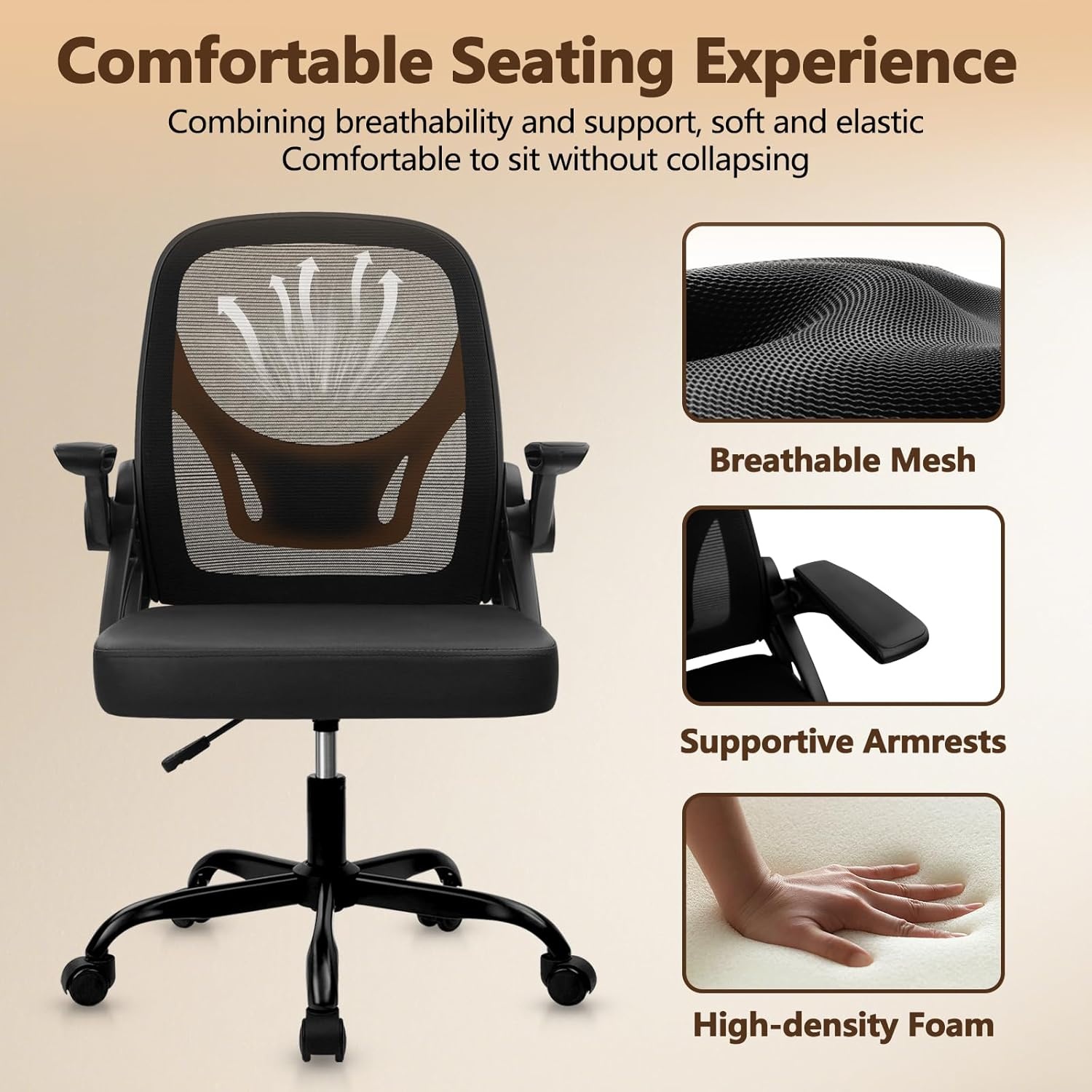 image:imageCLATINA Office Chair with Wheels Ergonomic Flip Up Arms Mesh Back Desk Chairs with Lumbar Support PU Leather Seat Adjustable Height Swivel Rolling Computer Task Chair for Study Home School BlackBlackleather Seat